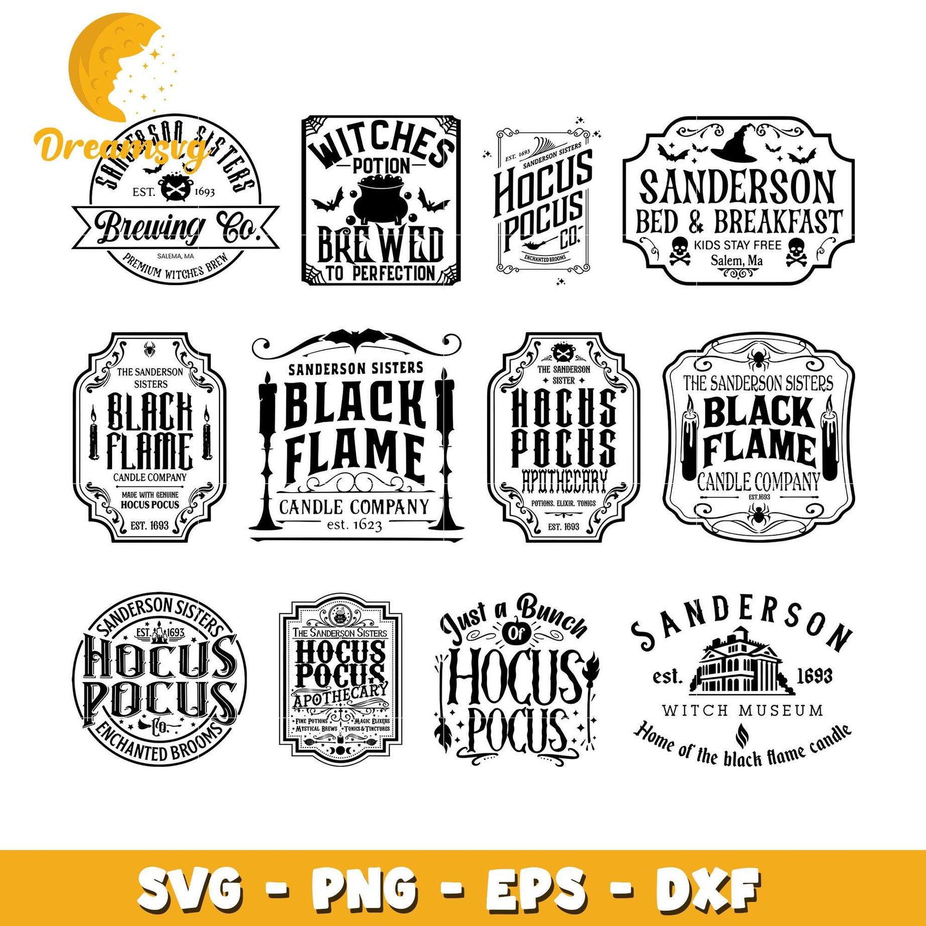 Hocus pocus logo black white design bundle svg, hocus pocus symbols​ svg