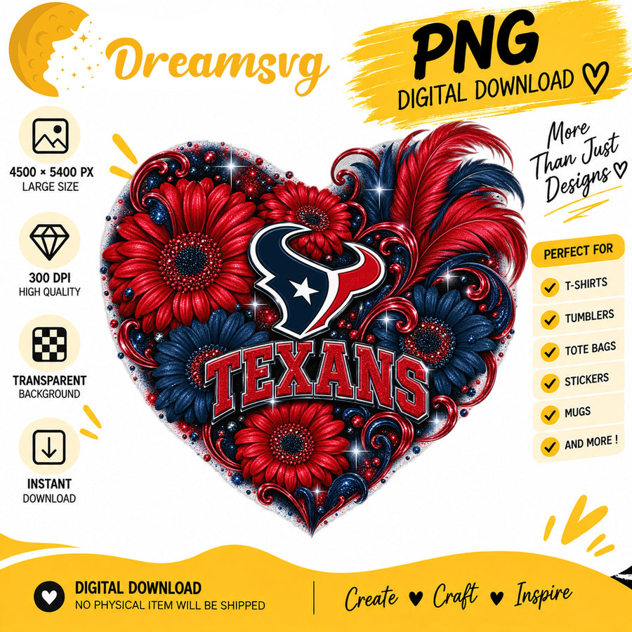 Houston Texans Floral Heart NFL Football Sublimation PNG