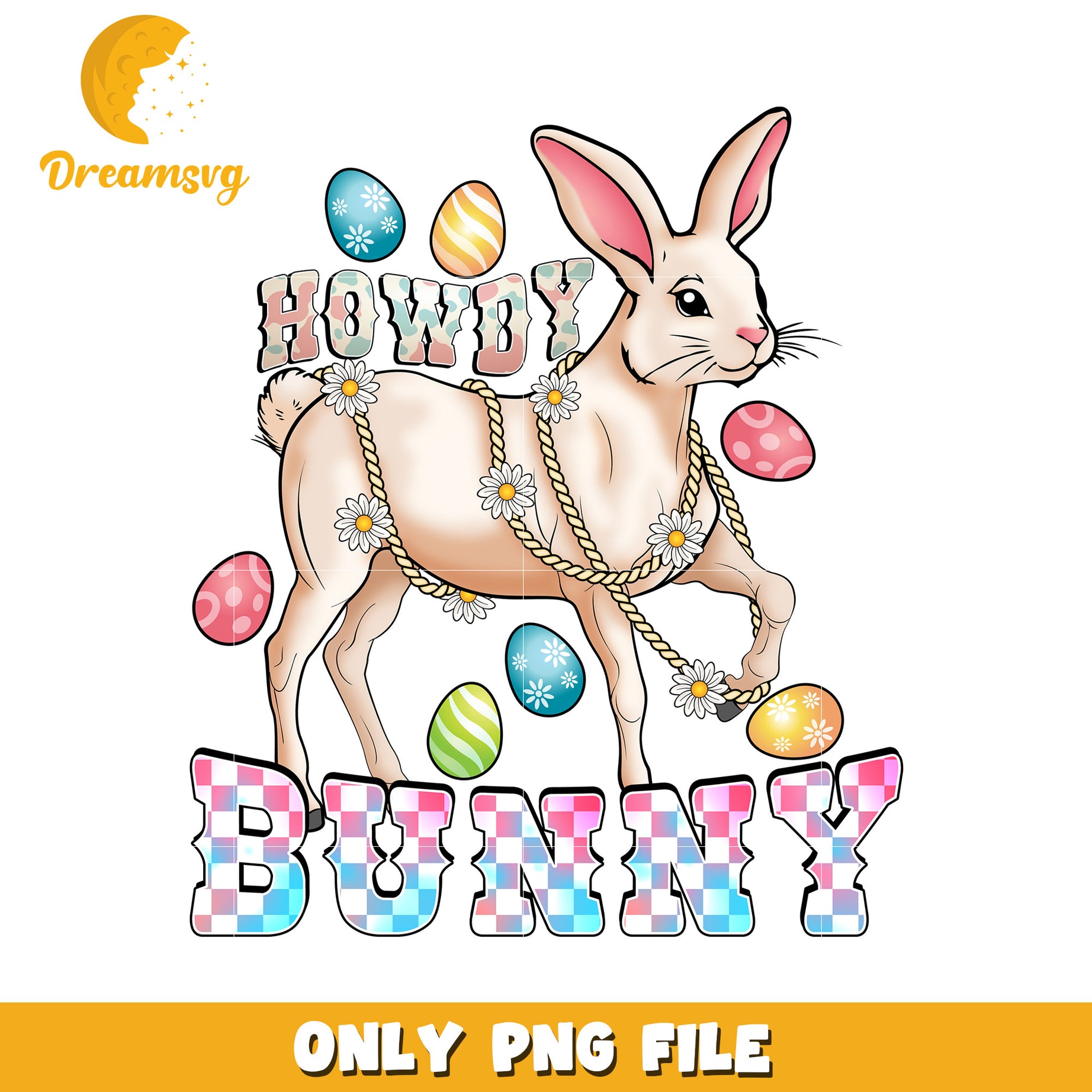 Howdy Bunny Illustration with Colorful Easter Eggs PNG