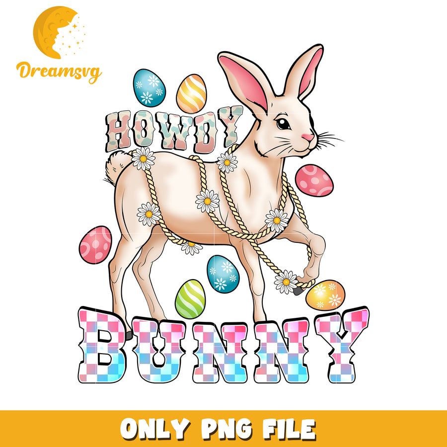 Howdy Bunny Illustration with Colorful Easter Eggs PNG