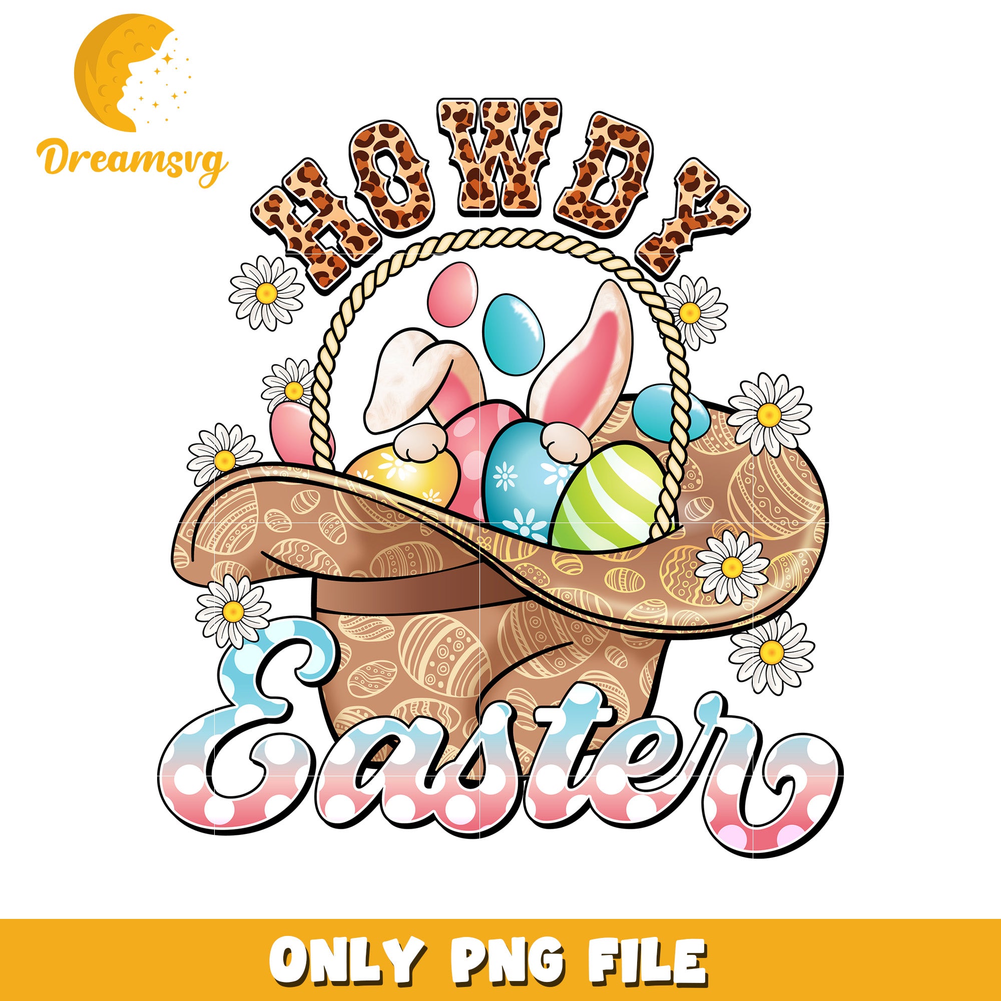 Howdy Easter Basket with Colorful Eggs and Bunny PNG