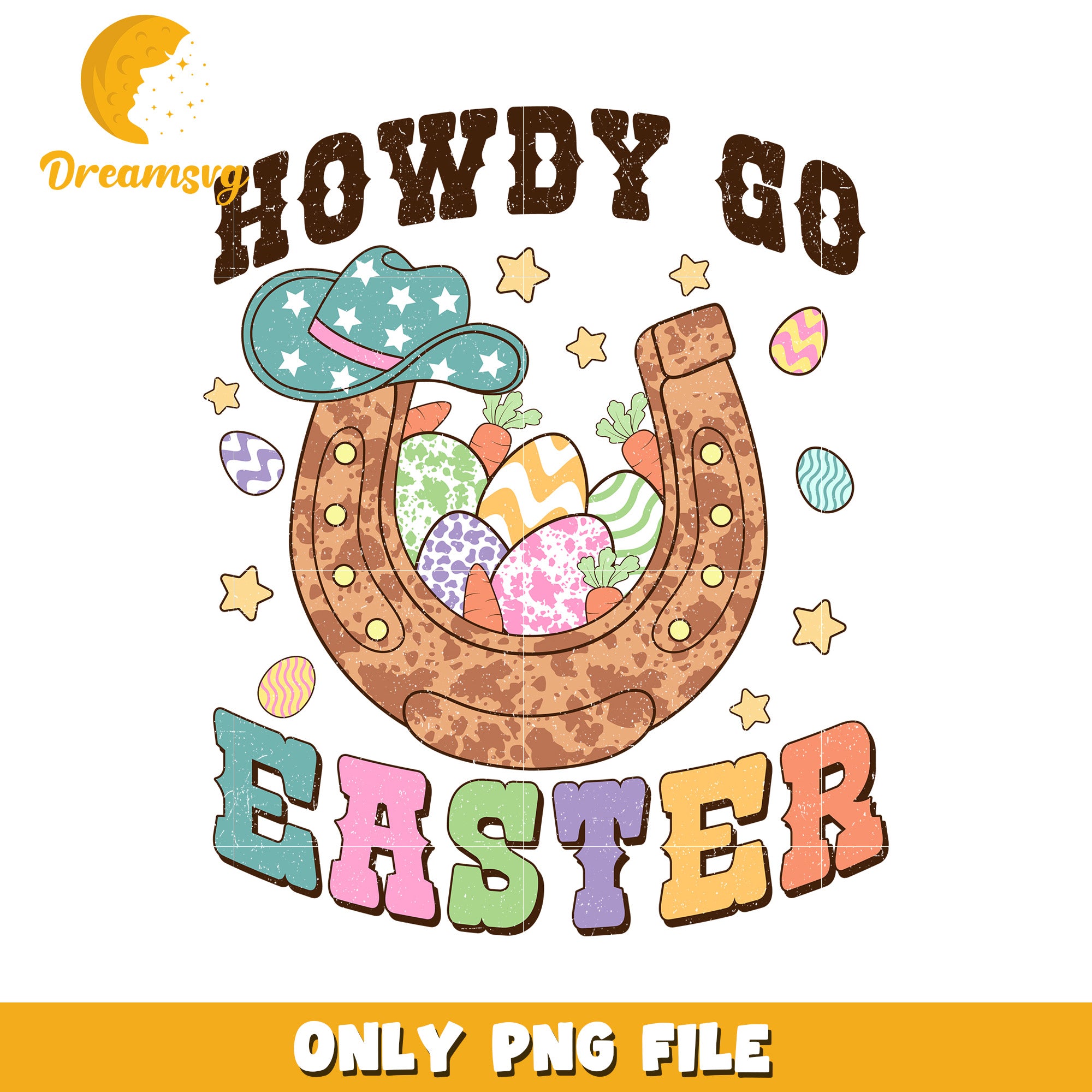Howdy Go Easter Fun with Colorful Eggs and Horseshoe PNG