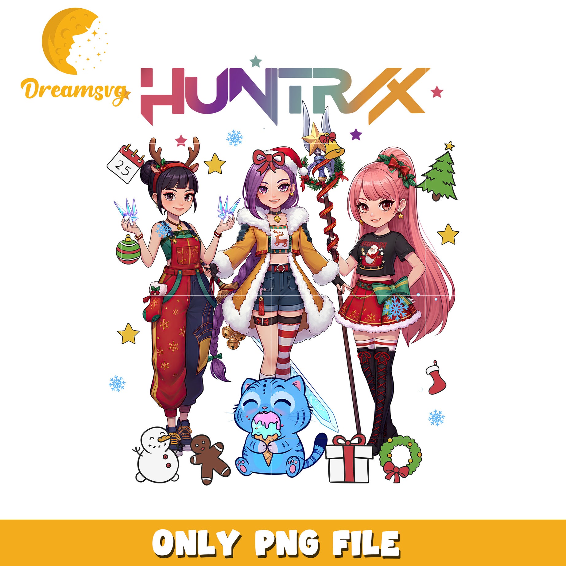 Huntrix anime design png, christmas bell png, netflix cartoon png
