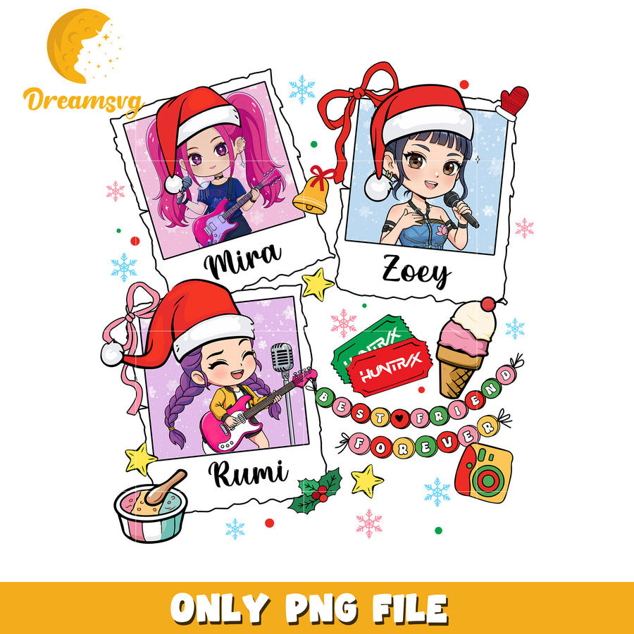 Huntrix characters design png, kpop demon png, christmas cartoon png