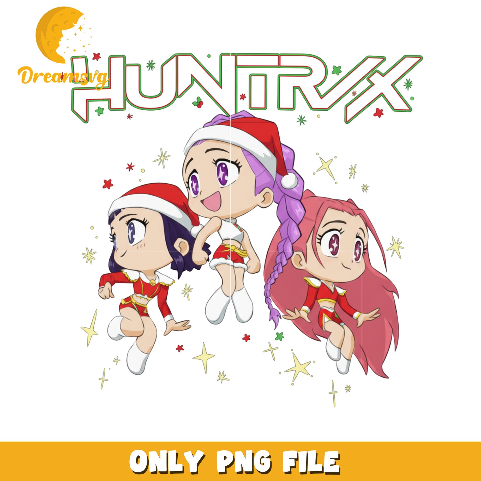 Huntrix chibi girls png, kpop demon hunters​ png, christmas lights png