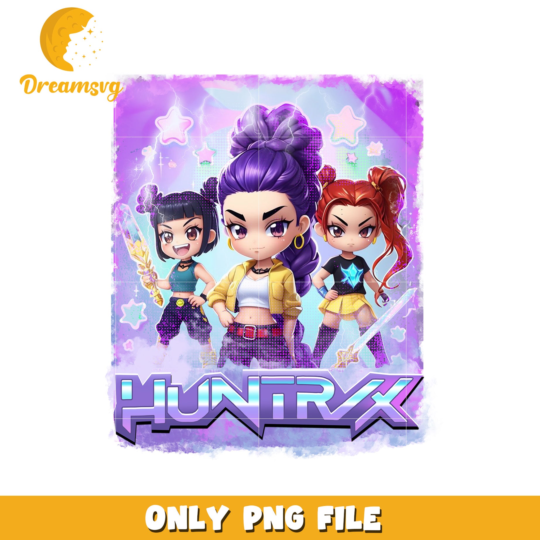 Huntrix chibi purple png, christmas bell png, netflix cartoon png