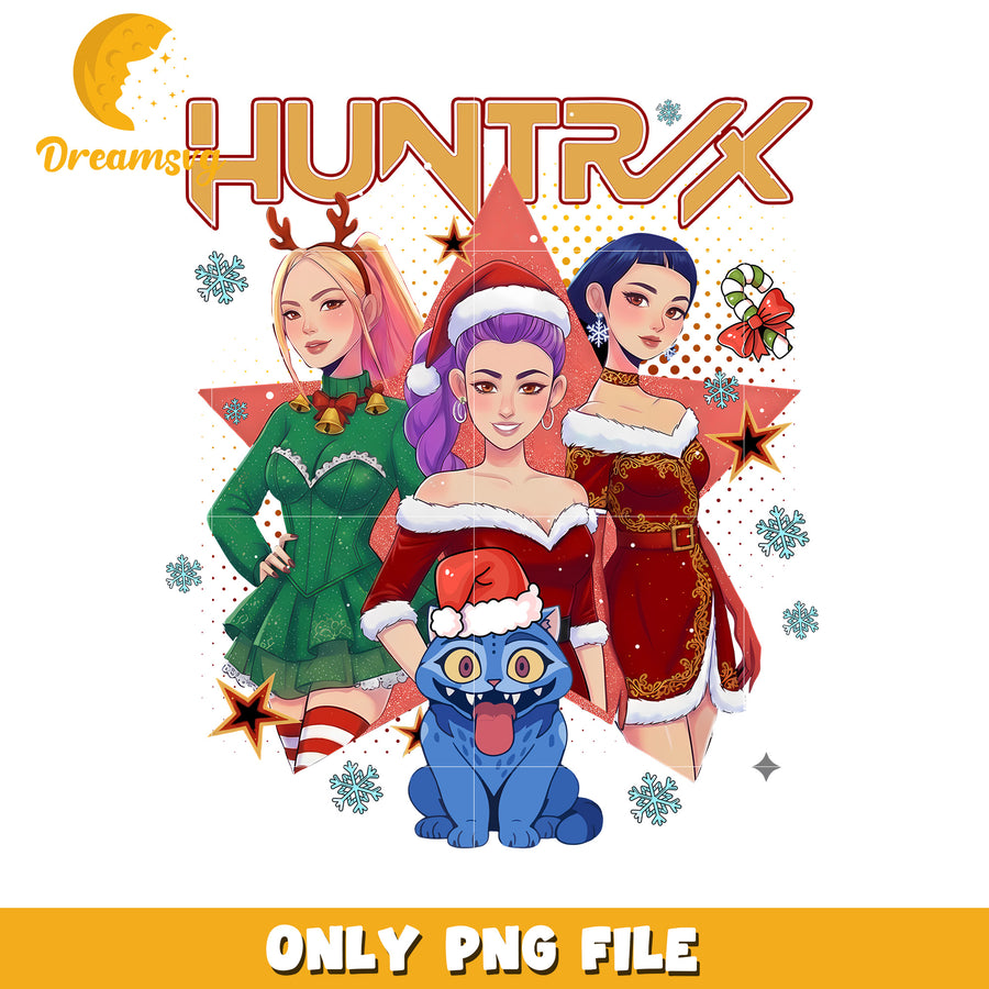 Huntrix christmas costumes png, huntrix girls png, christmas tree png