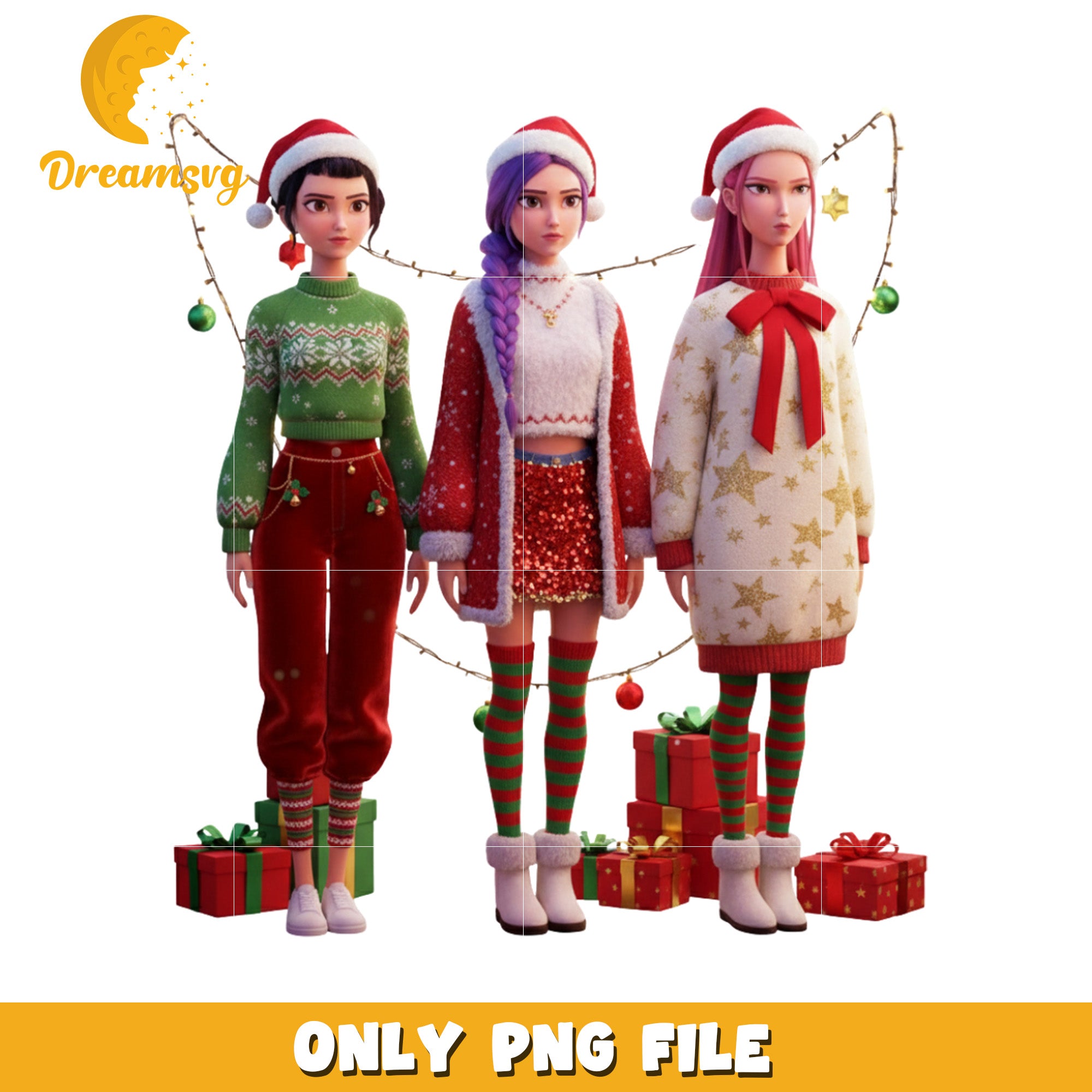 Huntrix christmas girls design png, kpop cartoon png, christmas design png