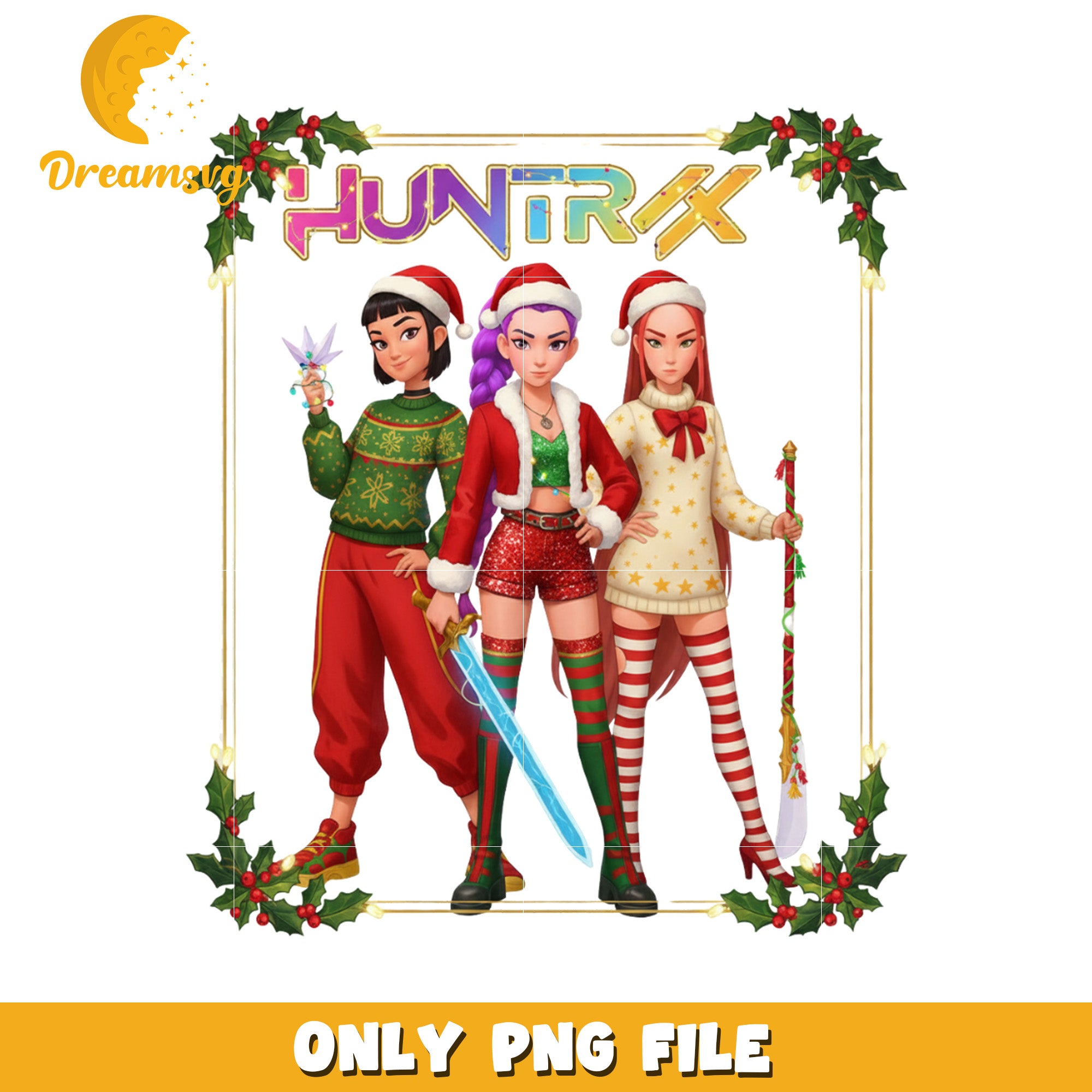 Huntrix girls christmas png, christmas design png, kpop cartoon png