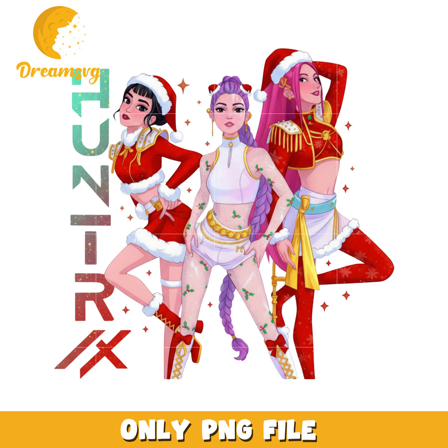 Huntrix girls cute png, demon hunters png, christmas songs png