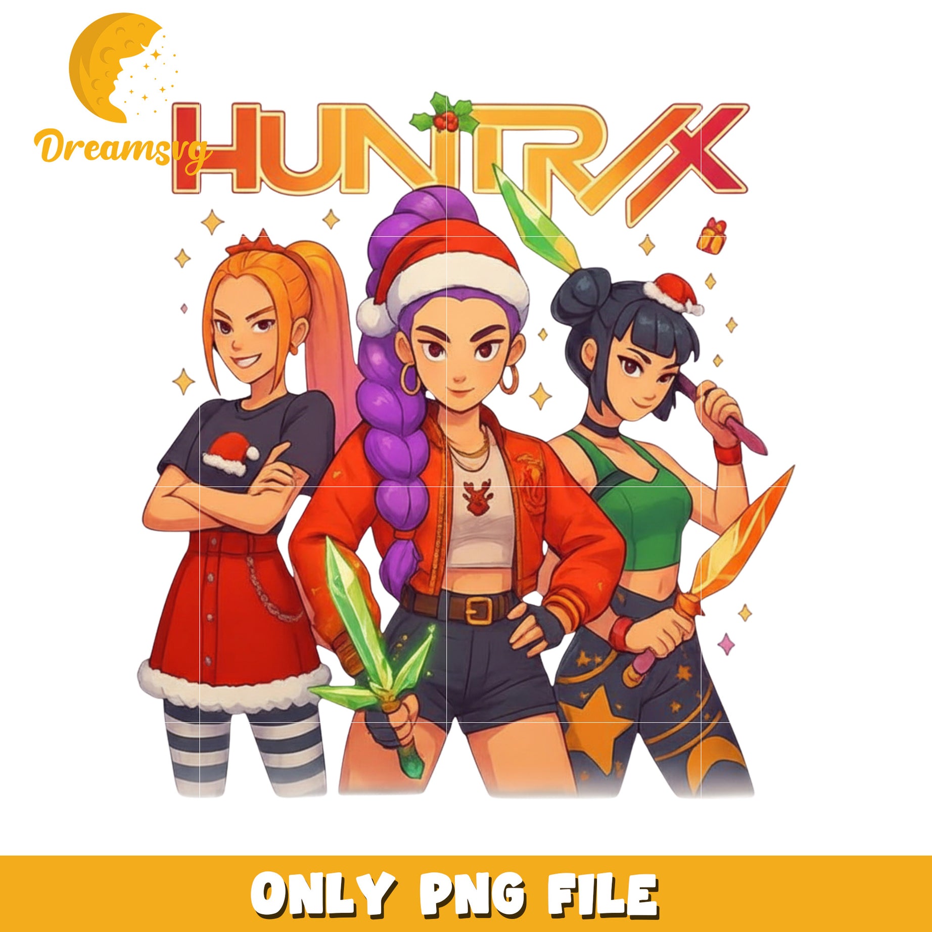 Huntrix girls design png, christmas sweater​ png, korean cartoon png
