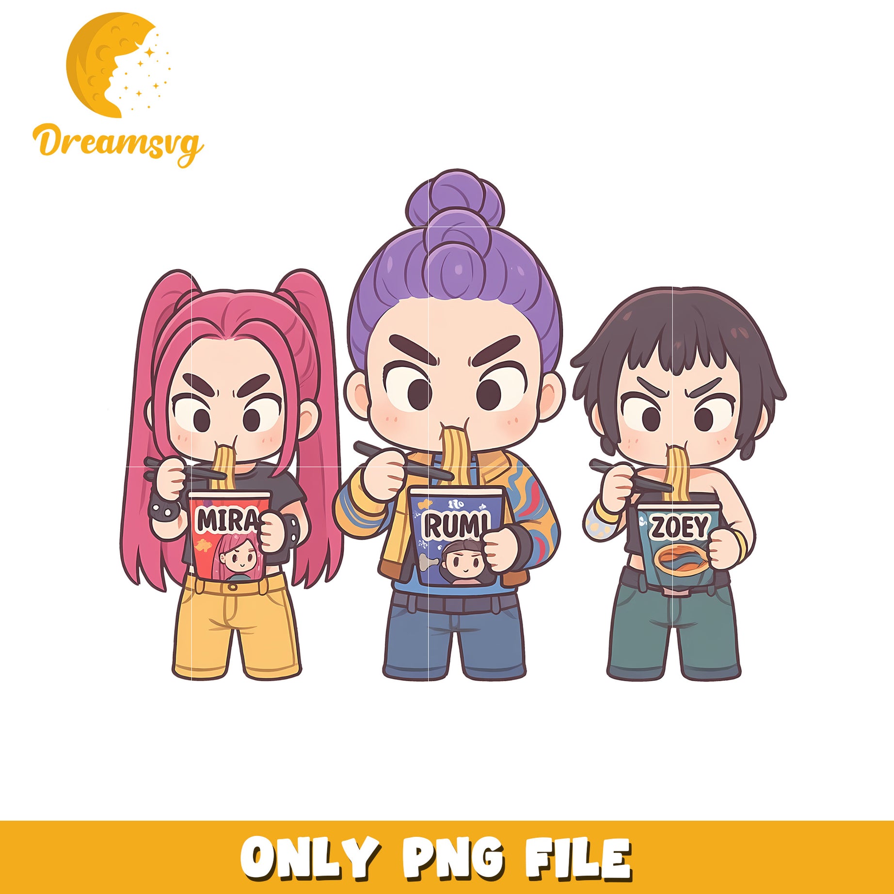 Huntrix girls eating rameyon png, huntrix png, kpop demon hunter png