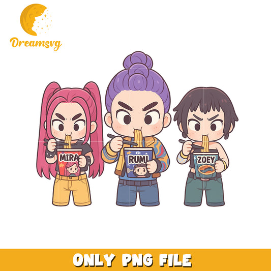 Huntrix girls eating rameyon png, huntrix png, kpop demon hunter png
