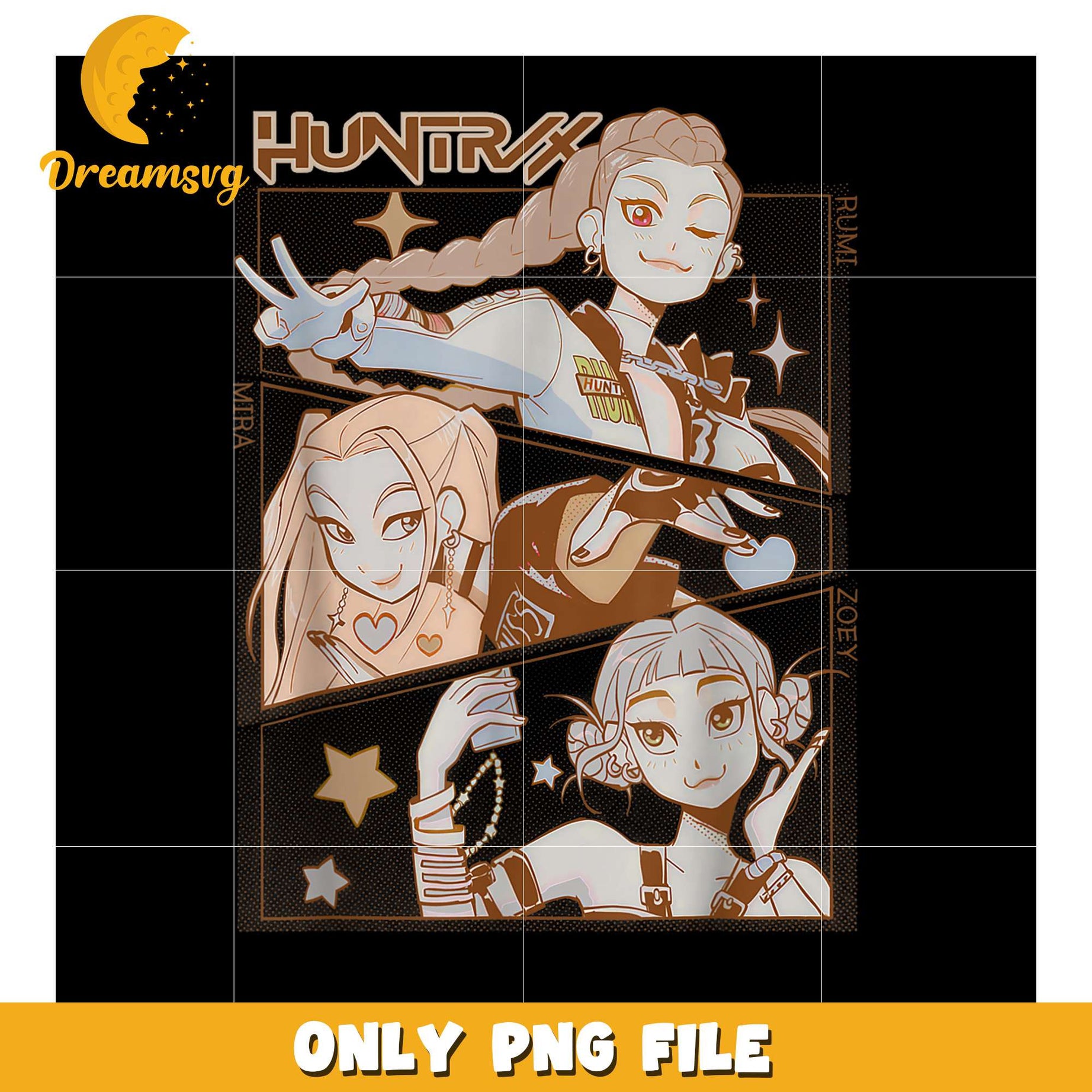Huntrix girls members png, cartoon fighter png, kpop hero team png