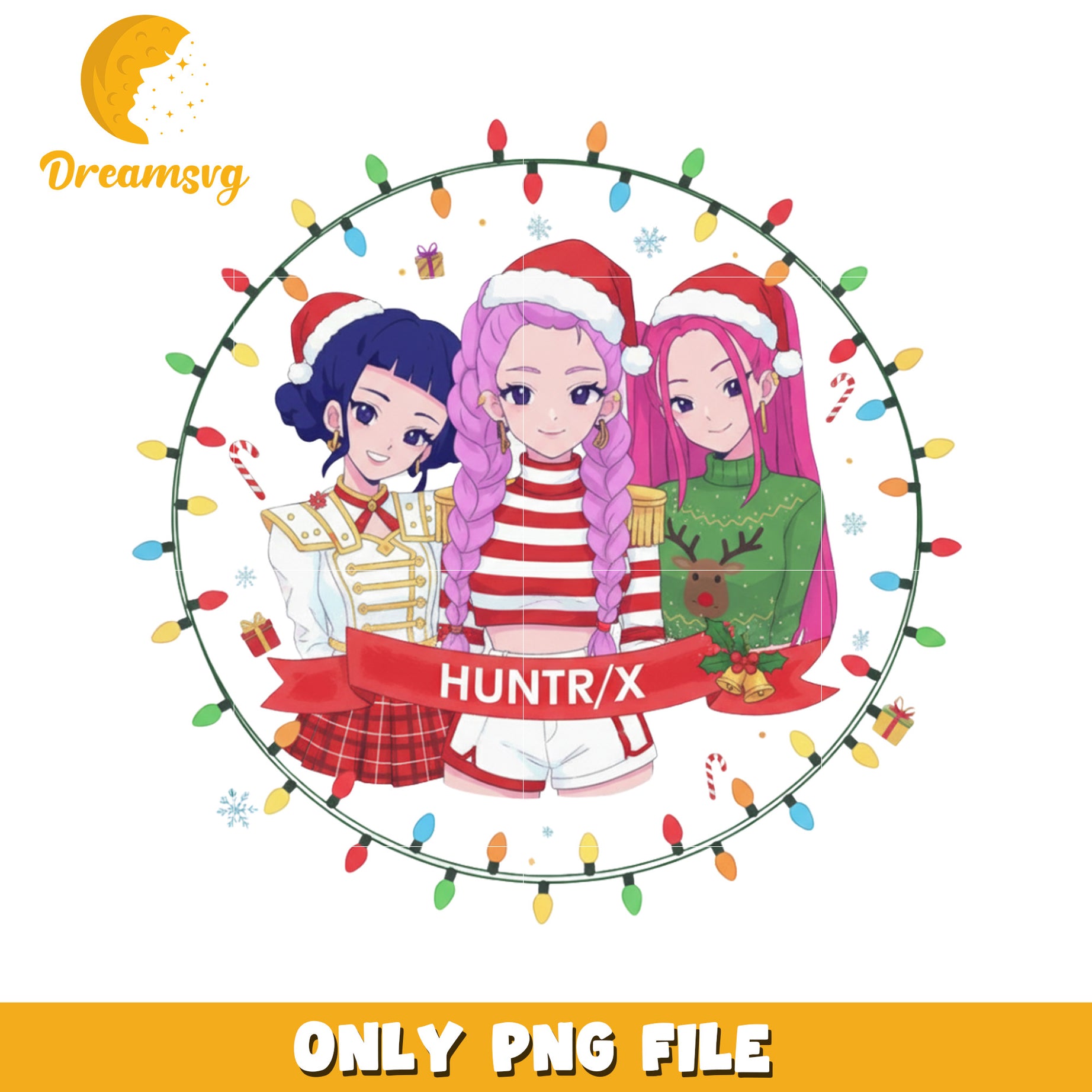 Huntrix girls png, christmas design png, kpop cartoon png