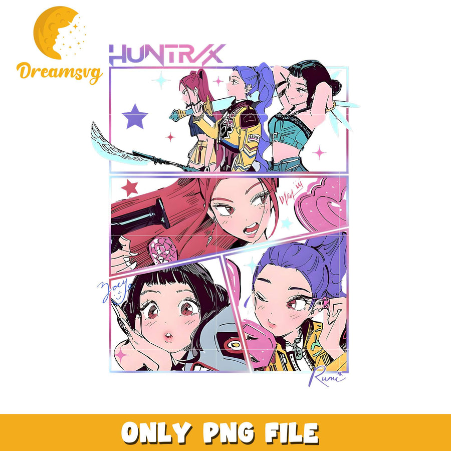 Huntrix girls team png, demon idol png, kpop cartoon png
