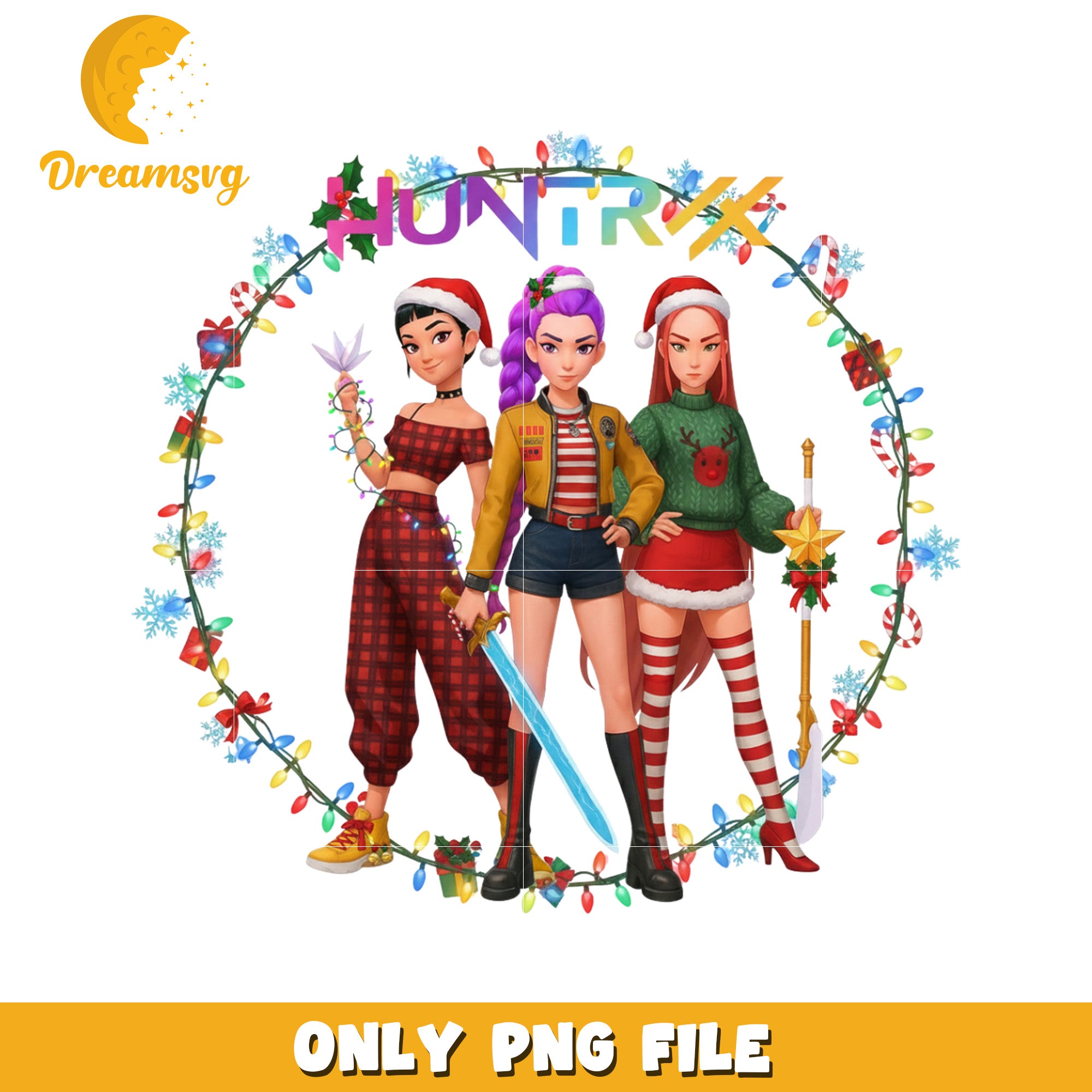 Huntrix members png, christmas cartoon png, kpop demon png