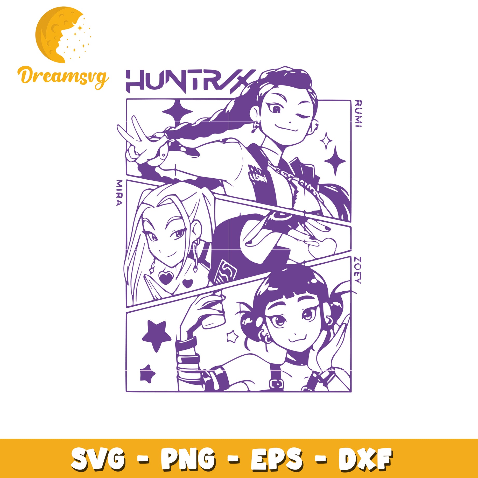 Huntrix purple outline svg, demon hunters svg, kpop band svg