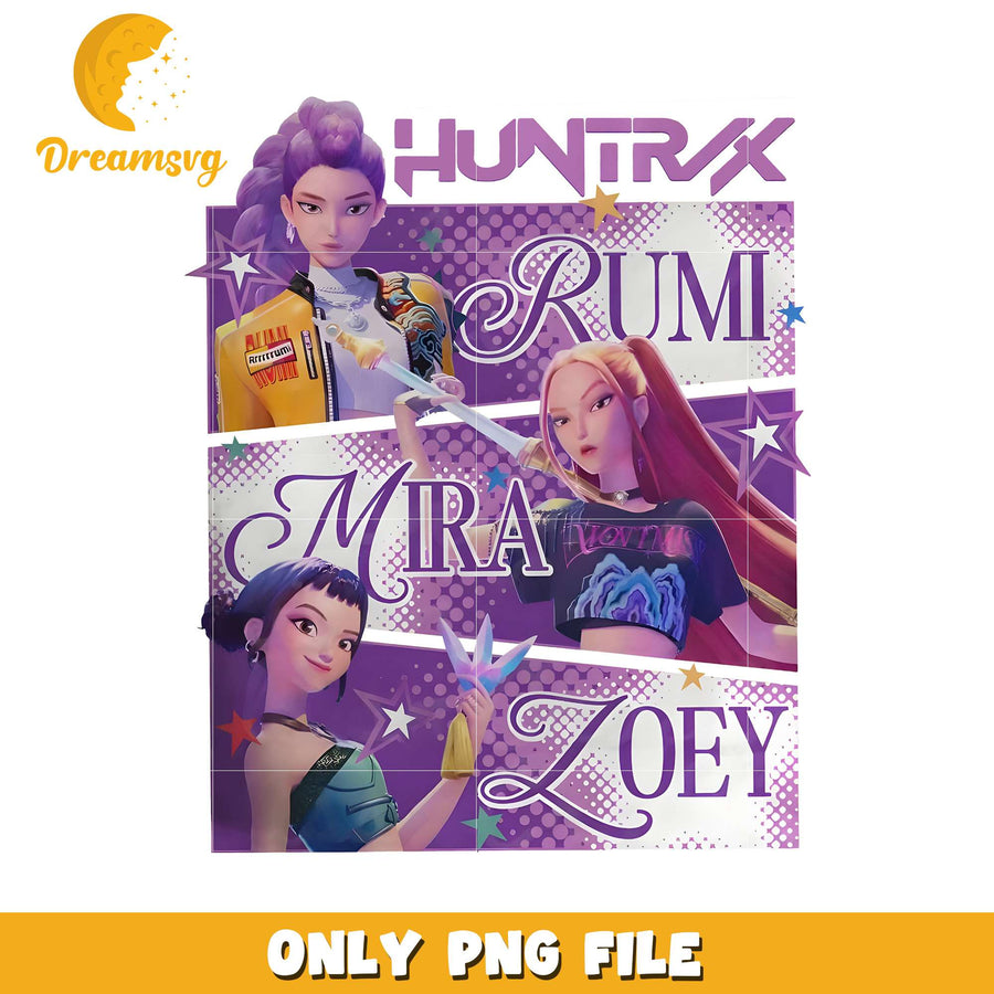 Huntrix rumi mira zoey png, cartoon fighter png, kpop hero team png