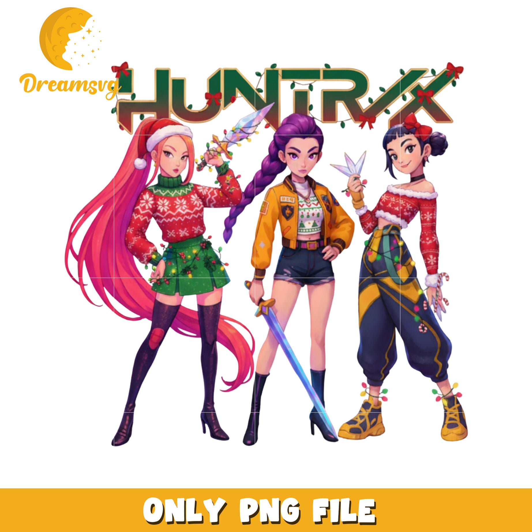Huntrix team members png, white christmas png, kpop huntrix png