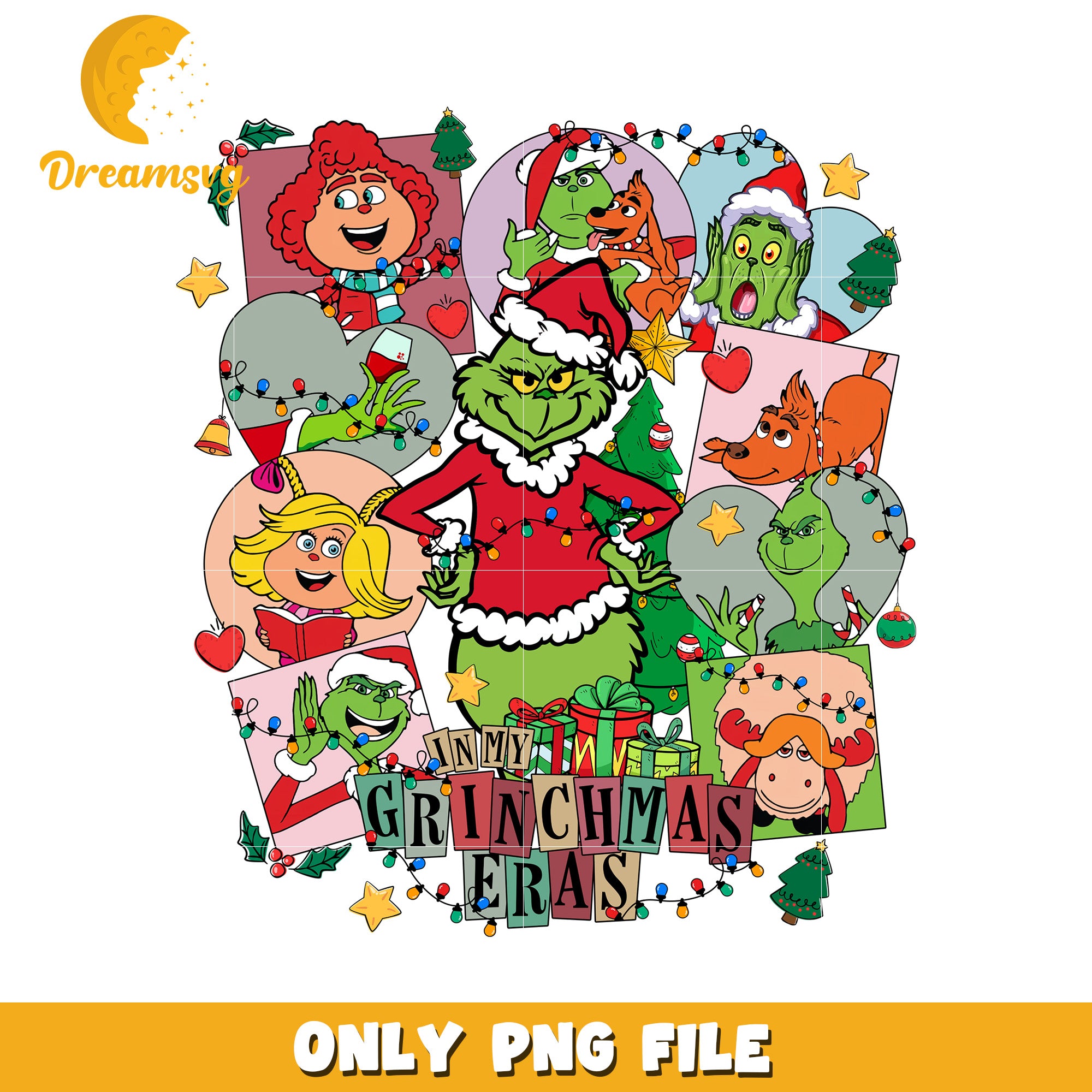 In my grinchmas era png, baby grinch​​ png, christmas lights png