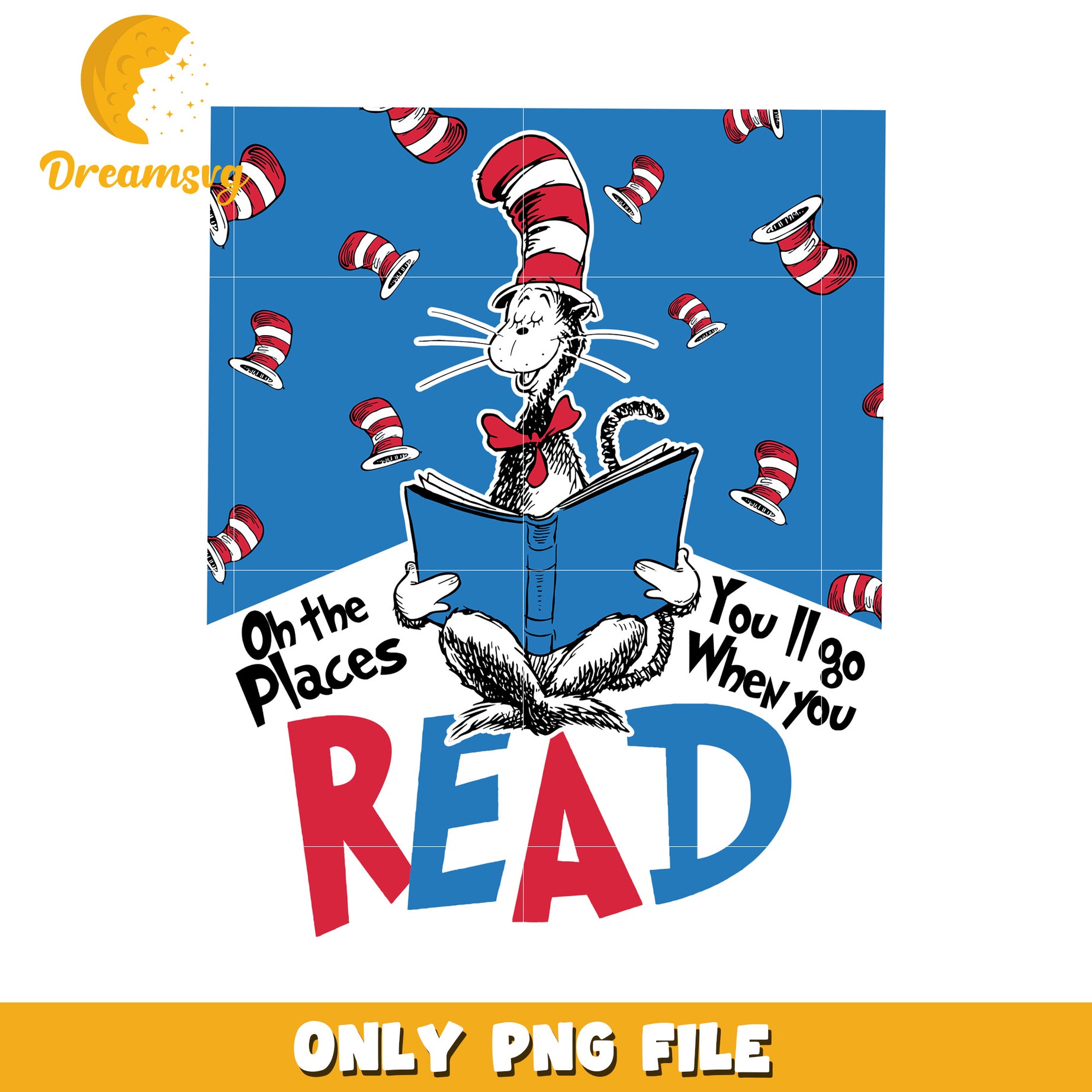 Inspiring Cat in Hat Reading PNG Art for Kids Room Decor