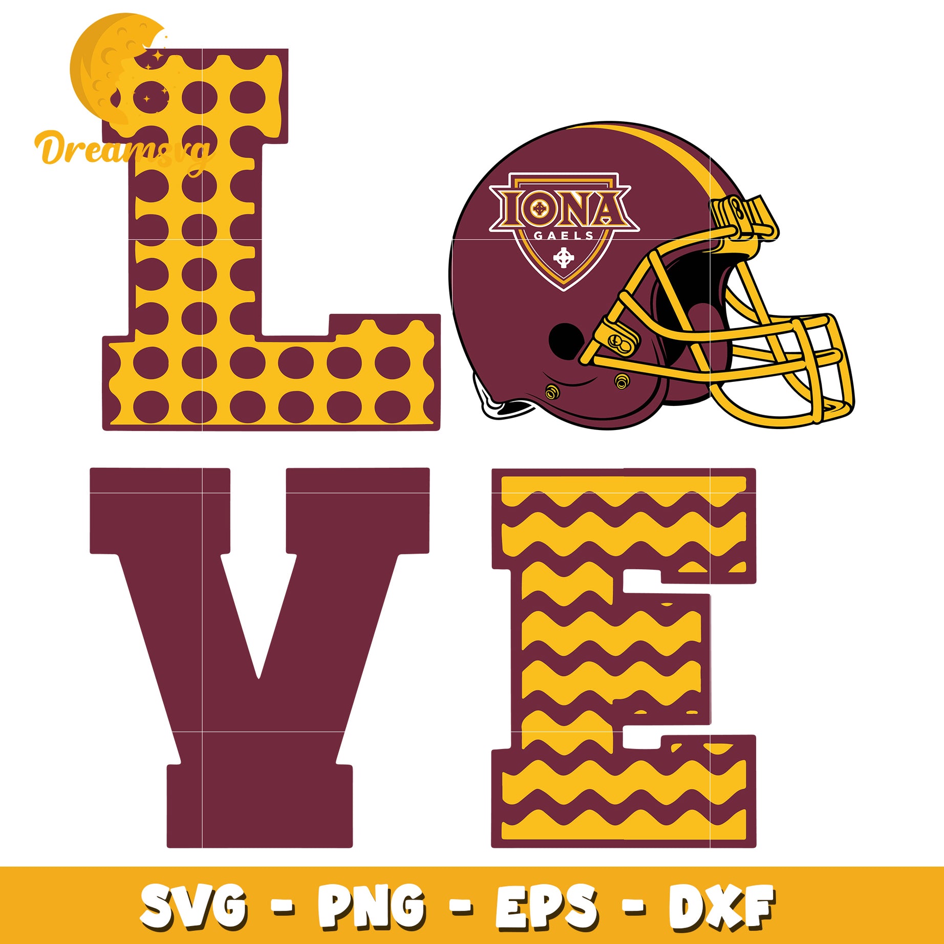 Iona Gaels Love SVG Design with Football Helmet Clipart