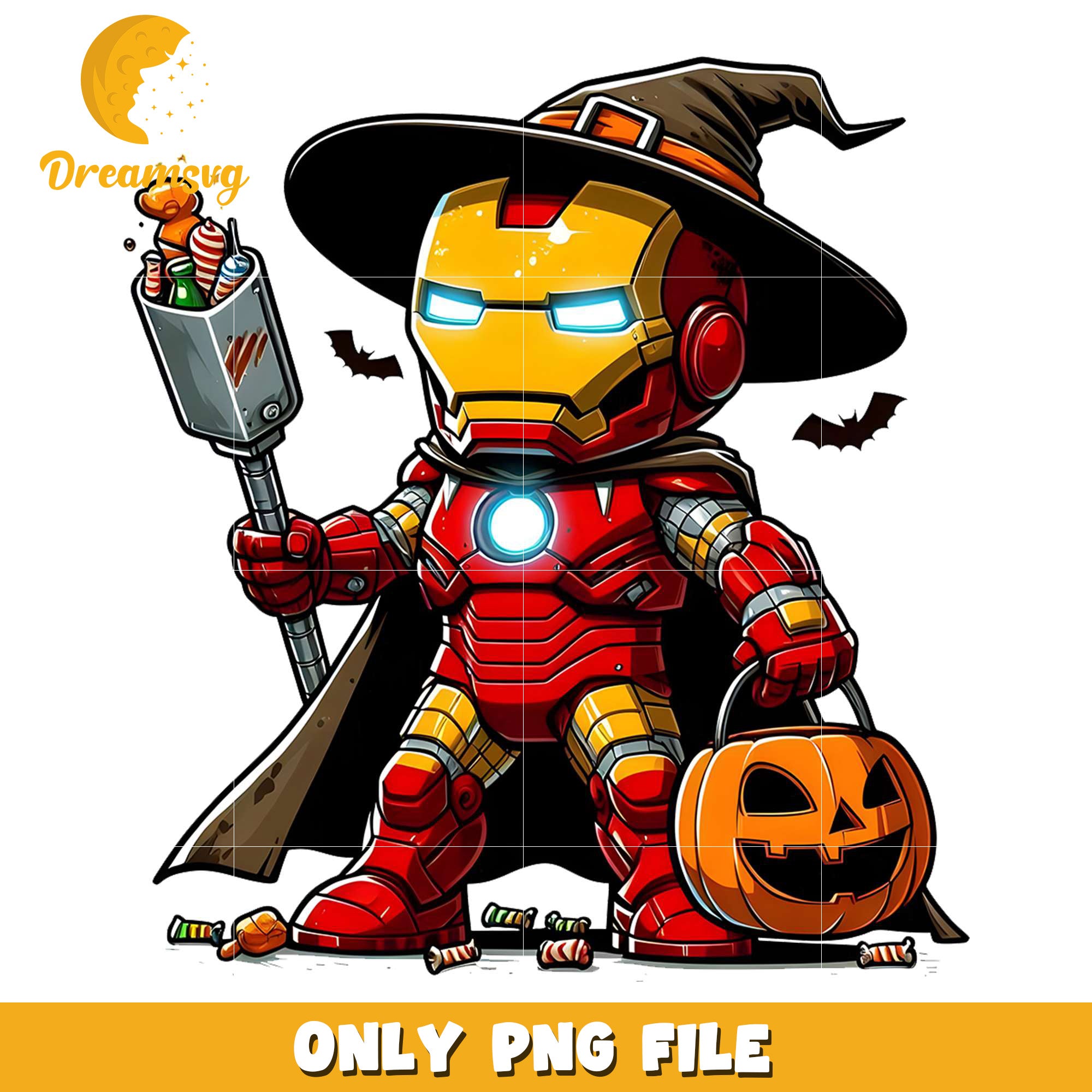 Ironman chibi spooky png, halloween​​​​ decor png, halloween wallpaper​ png