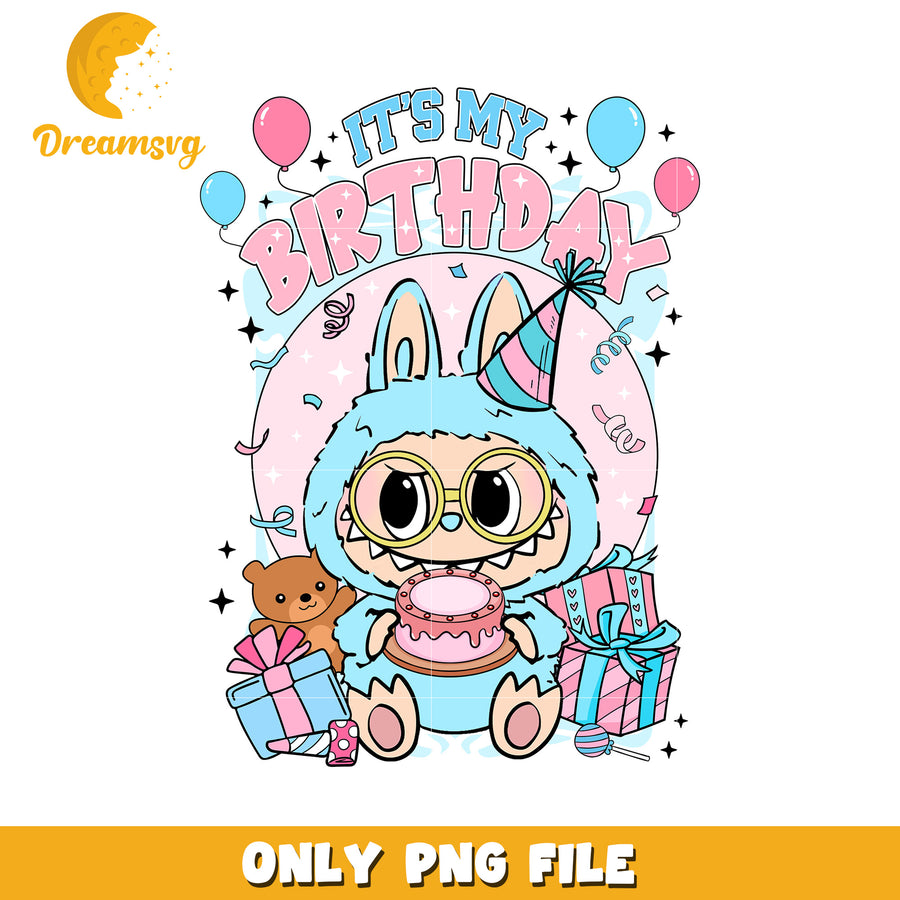 It's my birthday blue labubu png, popmart usa png, labubu keychain​ png