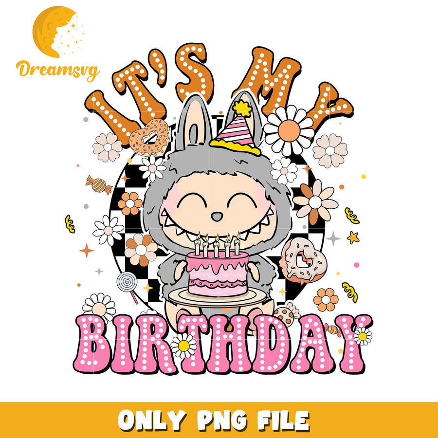 It's my birthday grey labubu png, popmart laubu png, cute labubu toys png
