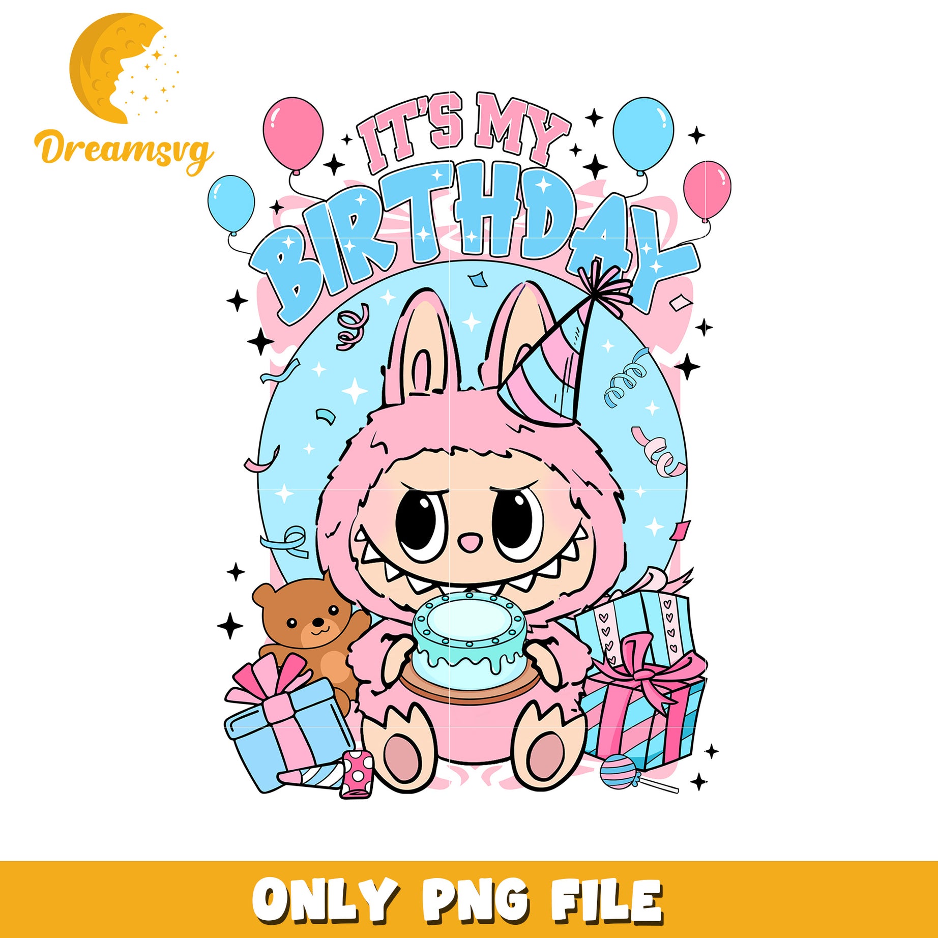 It's my birthday pink labubu png, popmart usa png, labubu keychain​ png
