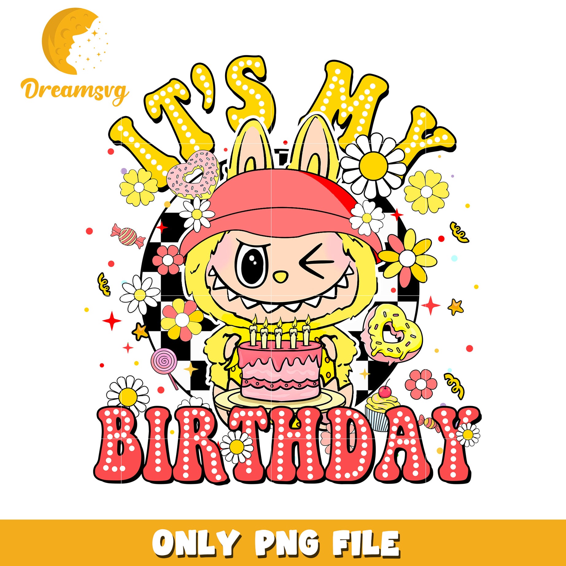 It's my birthday yellow labubu png, popmart laubu png, cute labubu toys png