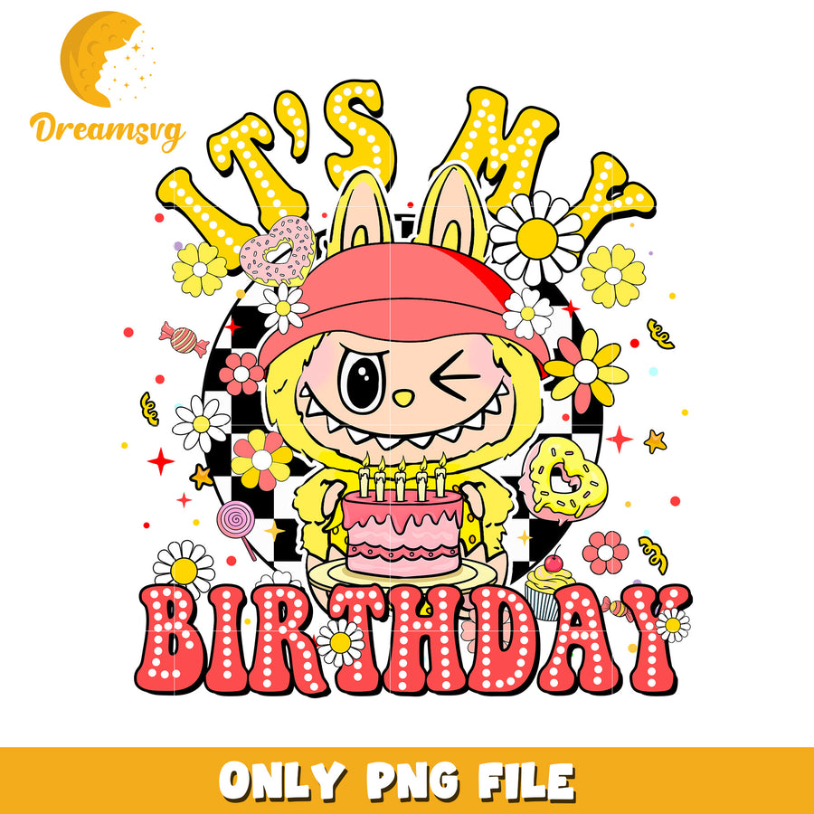 It's my birthday yellow labubu png, popmart laubu png, cute labubu toys png