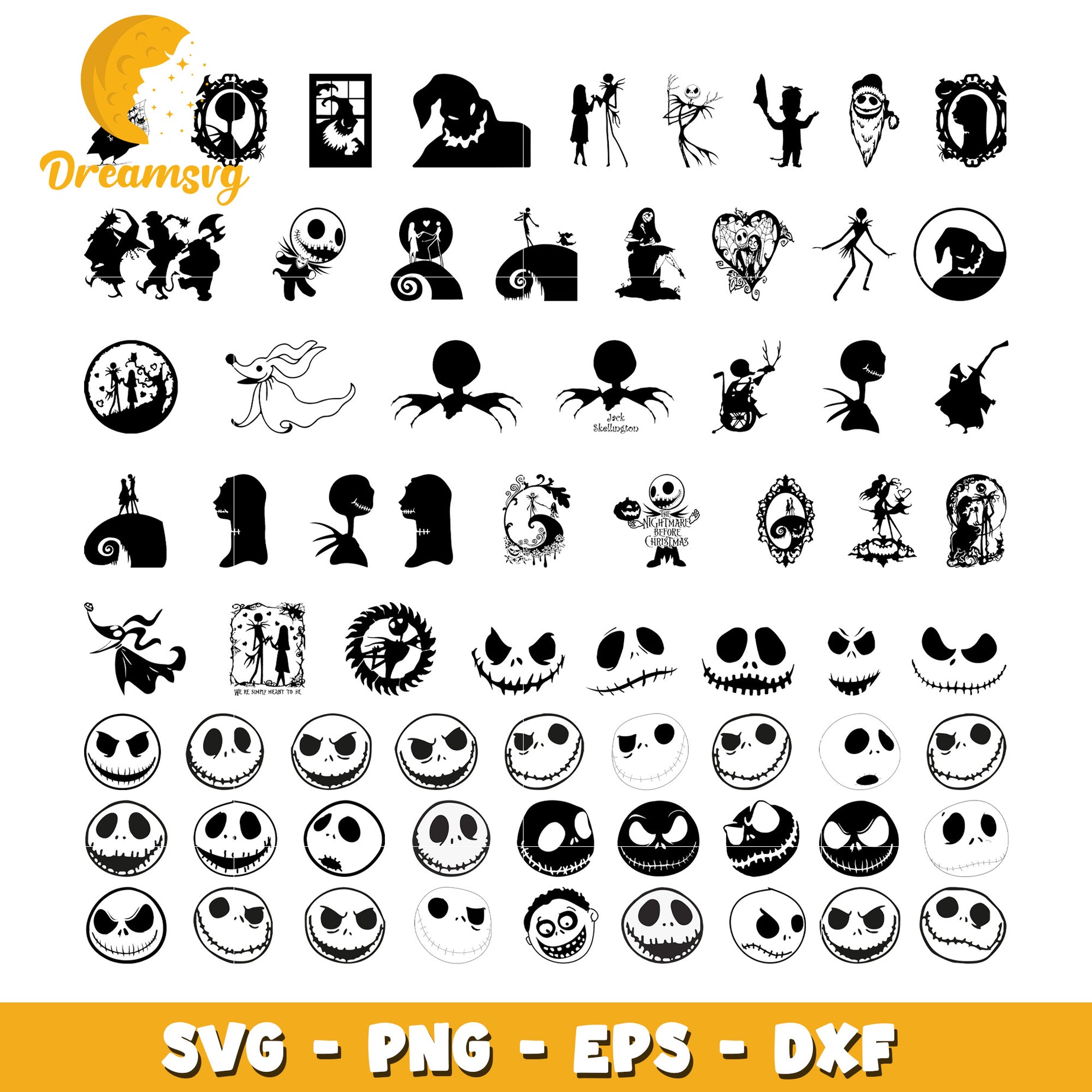 Jack Skellington face black white bundle svg, Jack Skellington svg