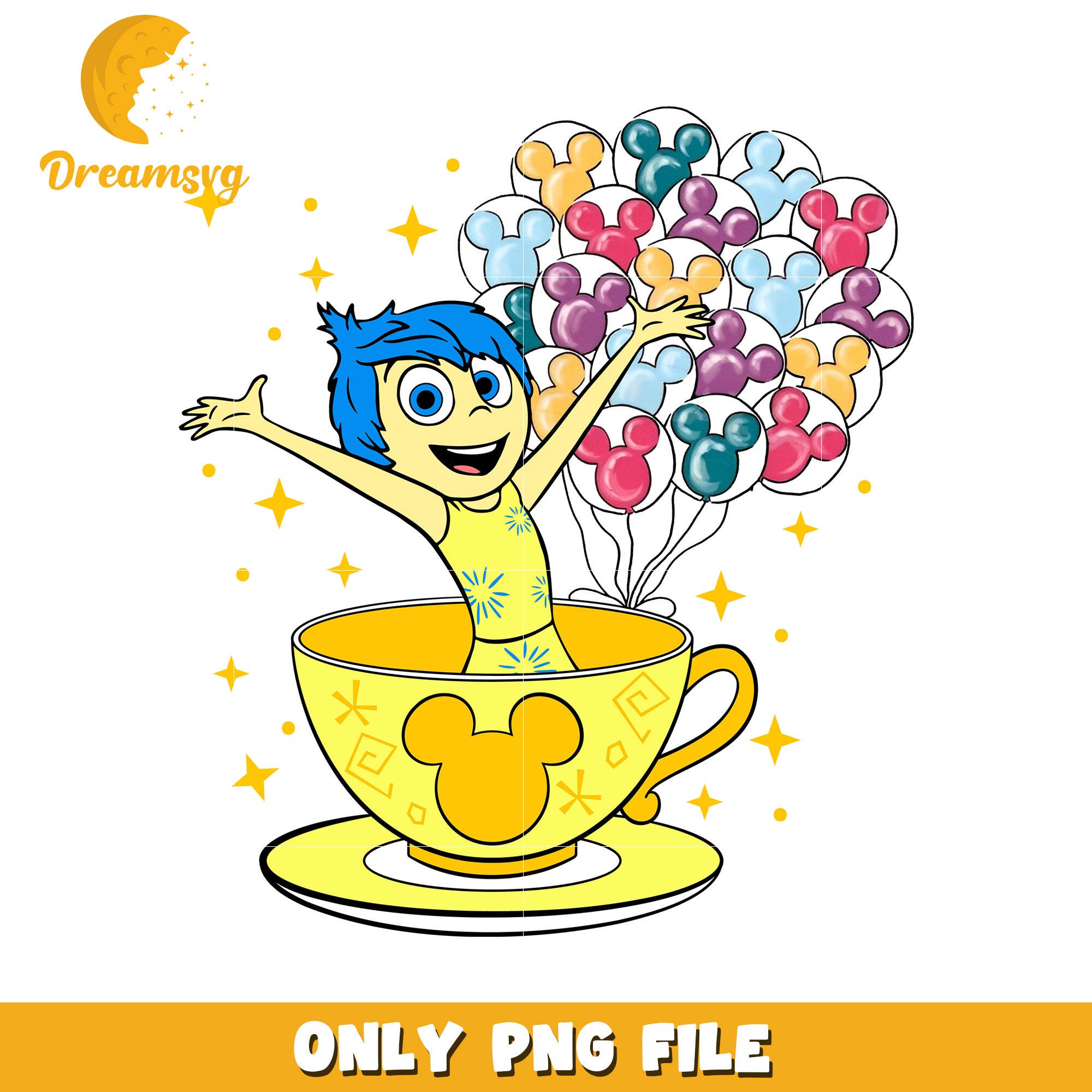 Joyful Character in Teacup with Colorful Balloons PNG