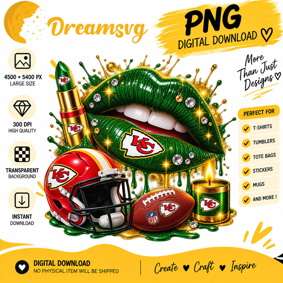 Kansas City Chiefs Dripping Lips PNG, Green Gold Rhinestone