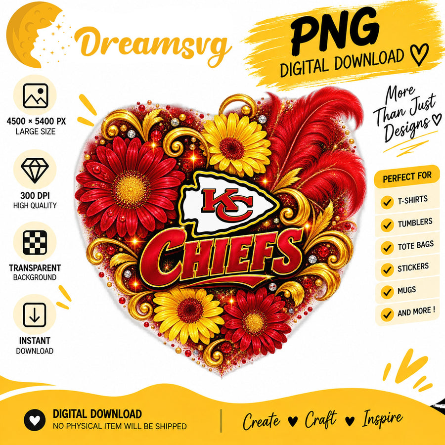 Kansas City Chiefs Floral Heart NFL Football Sublimation PNG