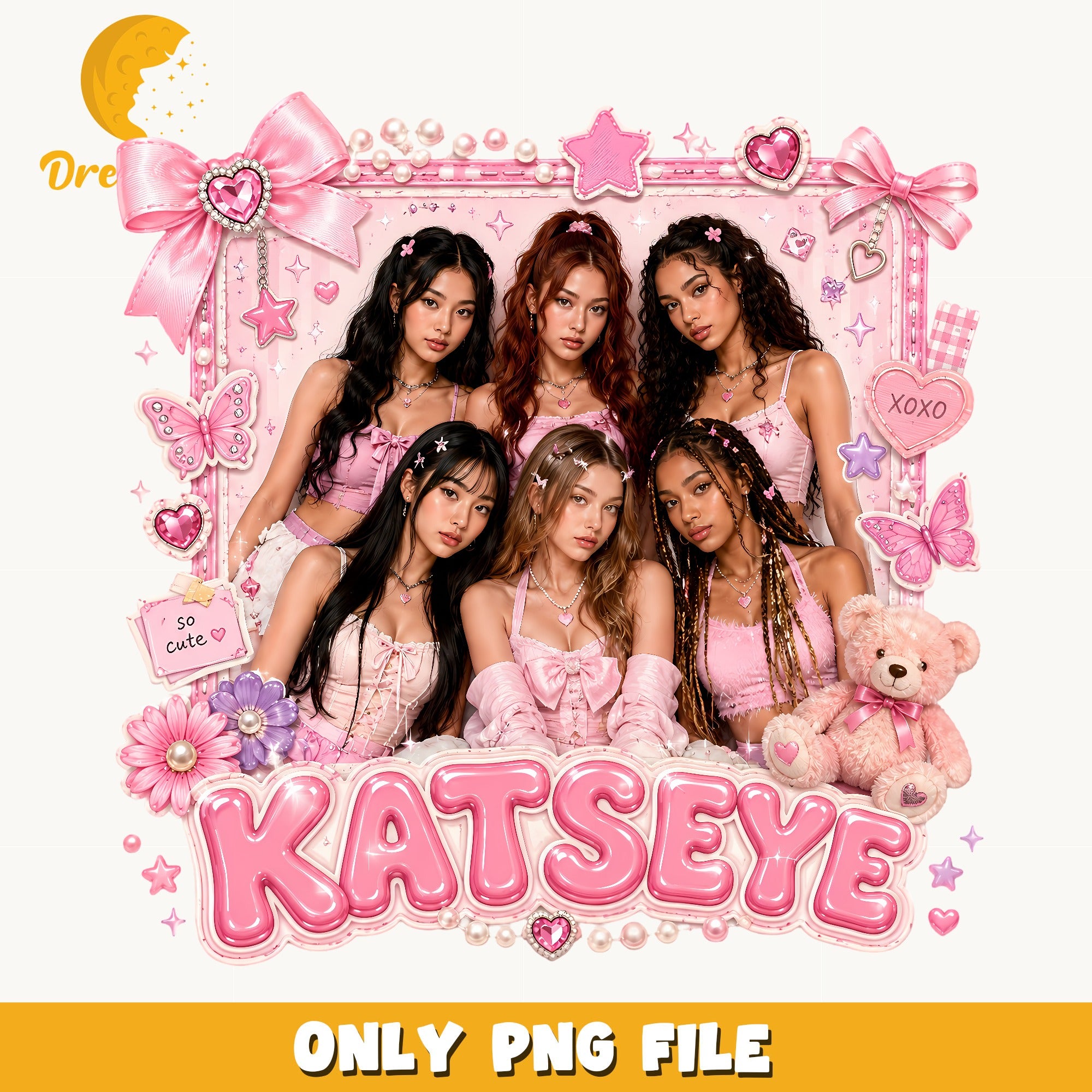 Katseye Kpop Girl Group PNG, Pink Coquette Design PNG, Fan Art PNG