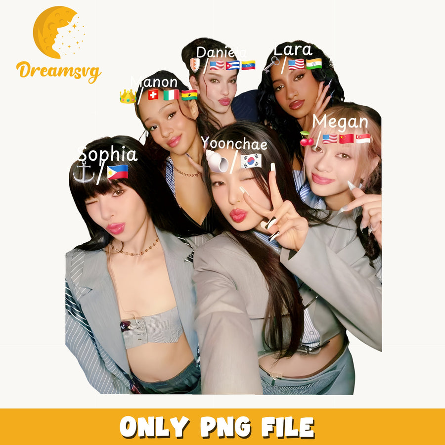 Katseye Members Flags PNG, Kpop Group Selfie, Fan PNG