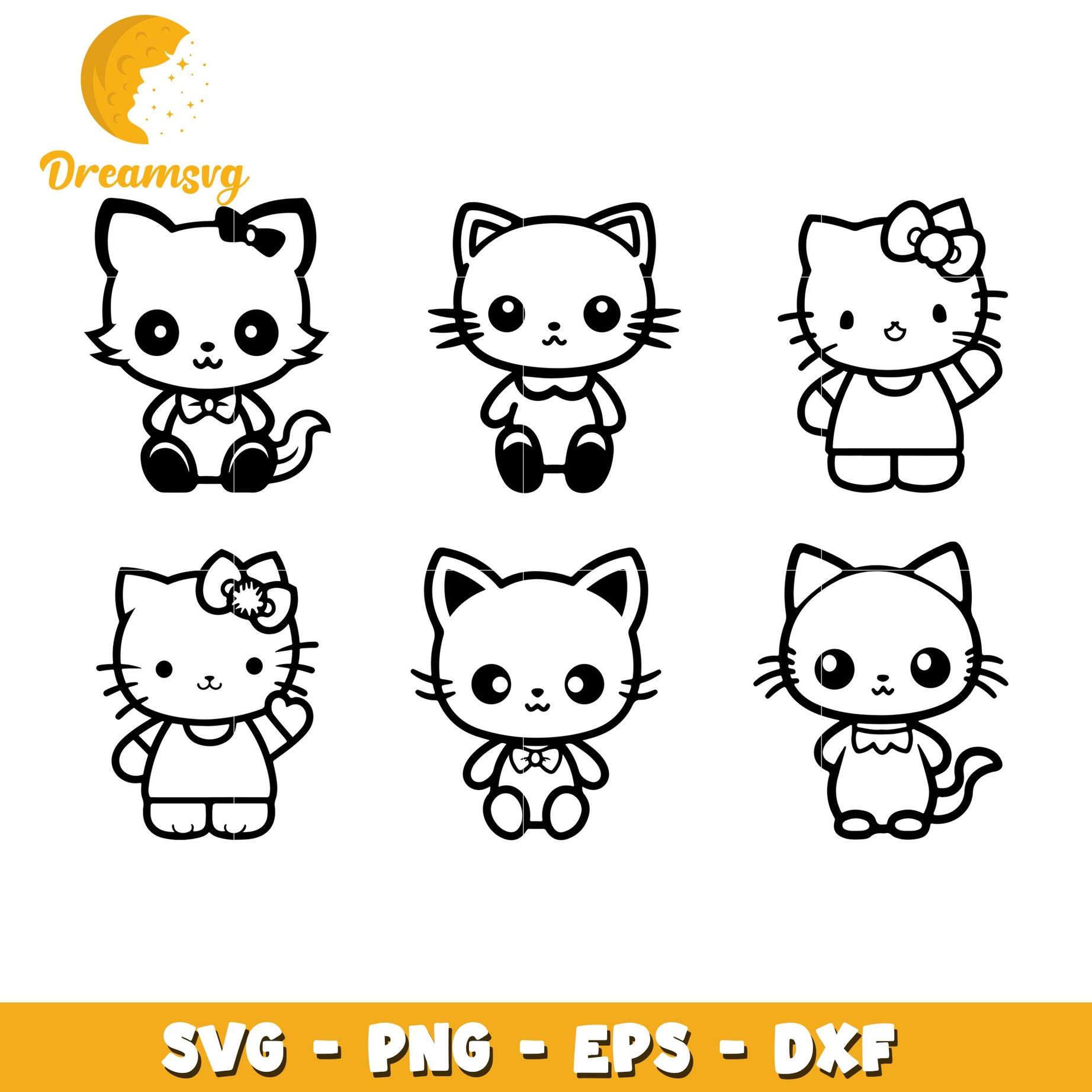 Hello kitty outline bundle svg, hello kitty black white​ svg