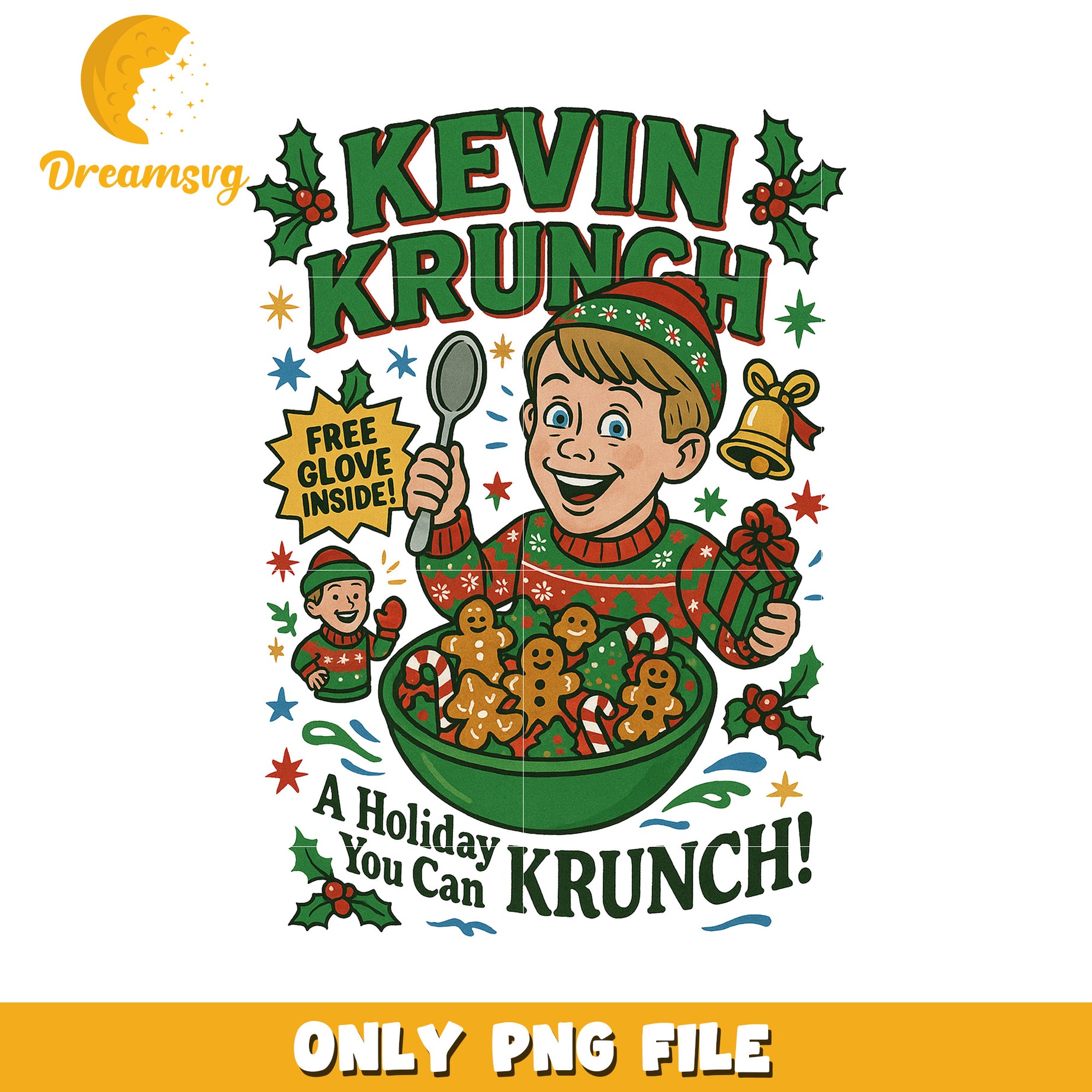 Kevin krunch png, holiday cereal art png, christmas breakfast design png