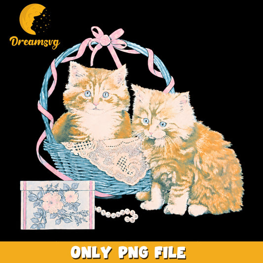 Kittens In Blue Basket Pink Bow Pearl Necklace PNG, Cute Tabby, Cat