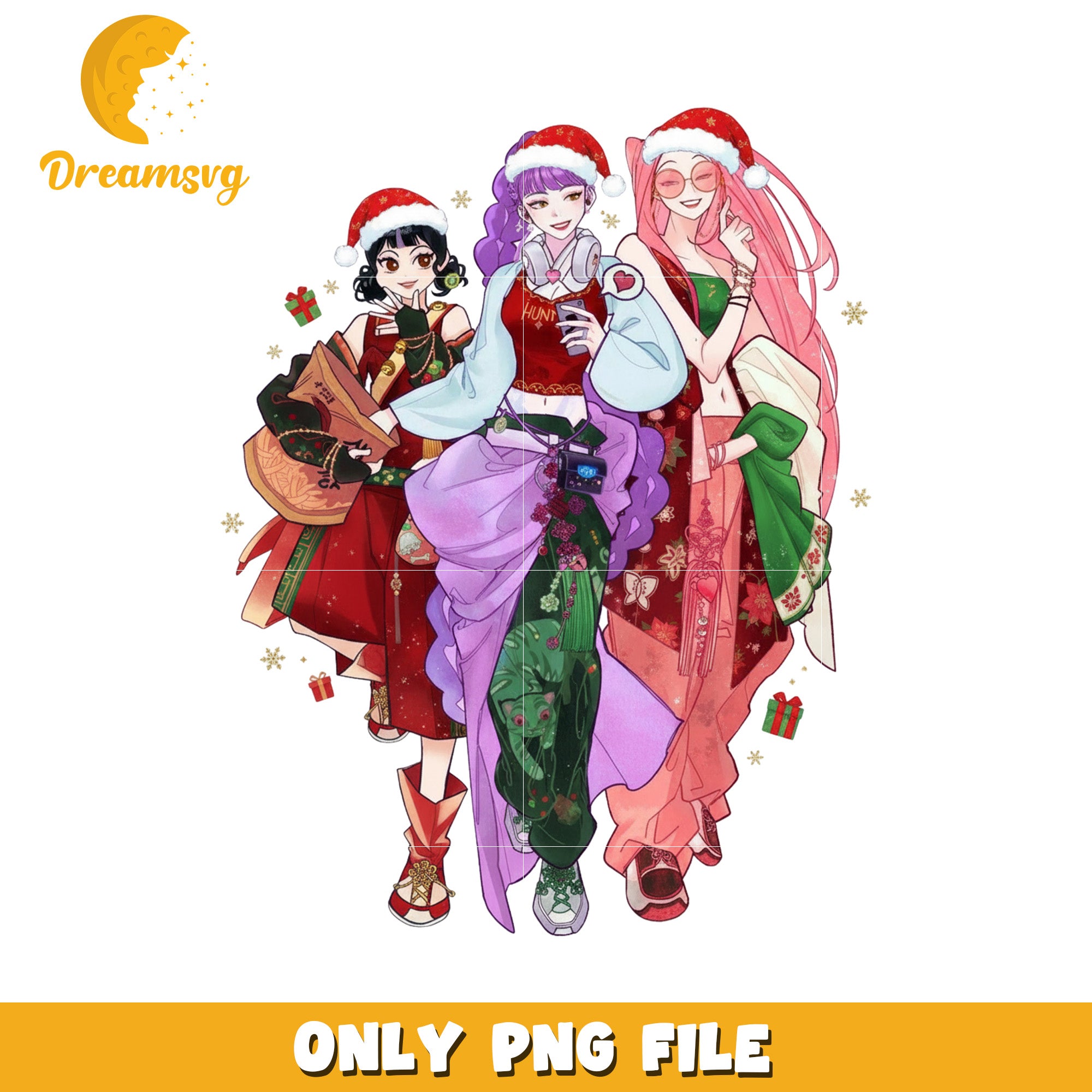Kpop band huntrix girls png, christmas decor​ png, christmas background​​ png