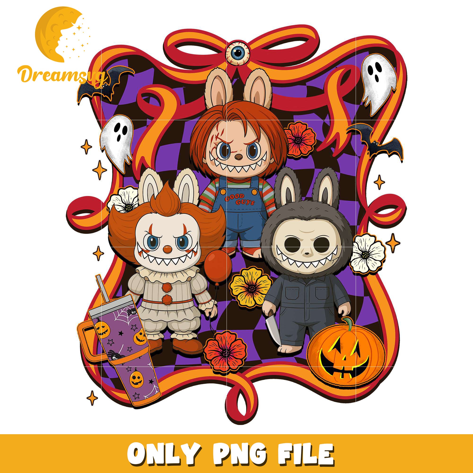 Labbubu doll and clown png, halloween costumes​ png, trick or treat png
