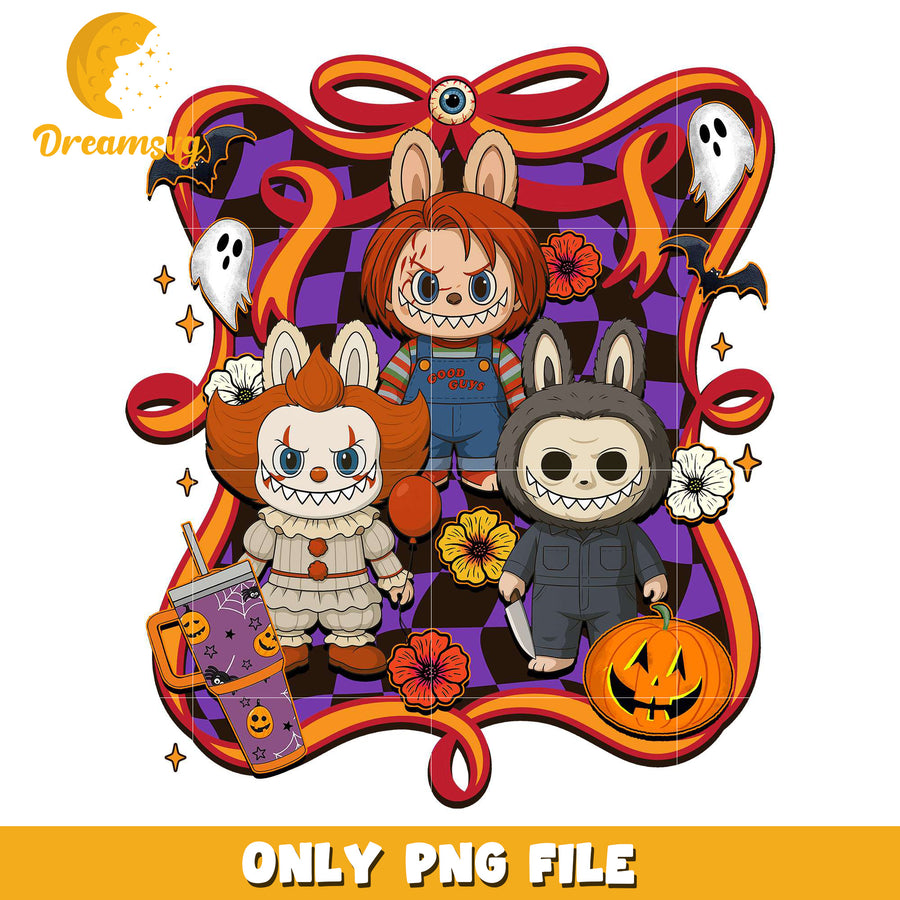Labbubu doll and clown png, halloween costumes​ png, trick or treat png