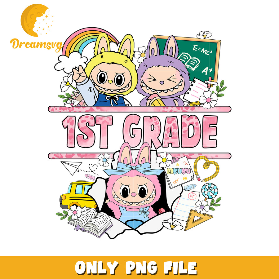 Labubu 1st grade png, cute school theme labubu png, back to school design png