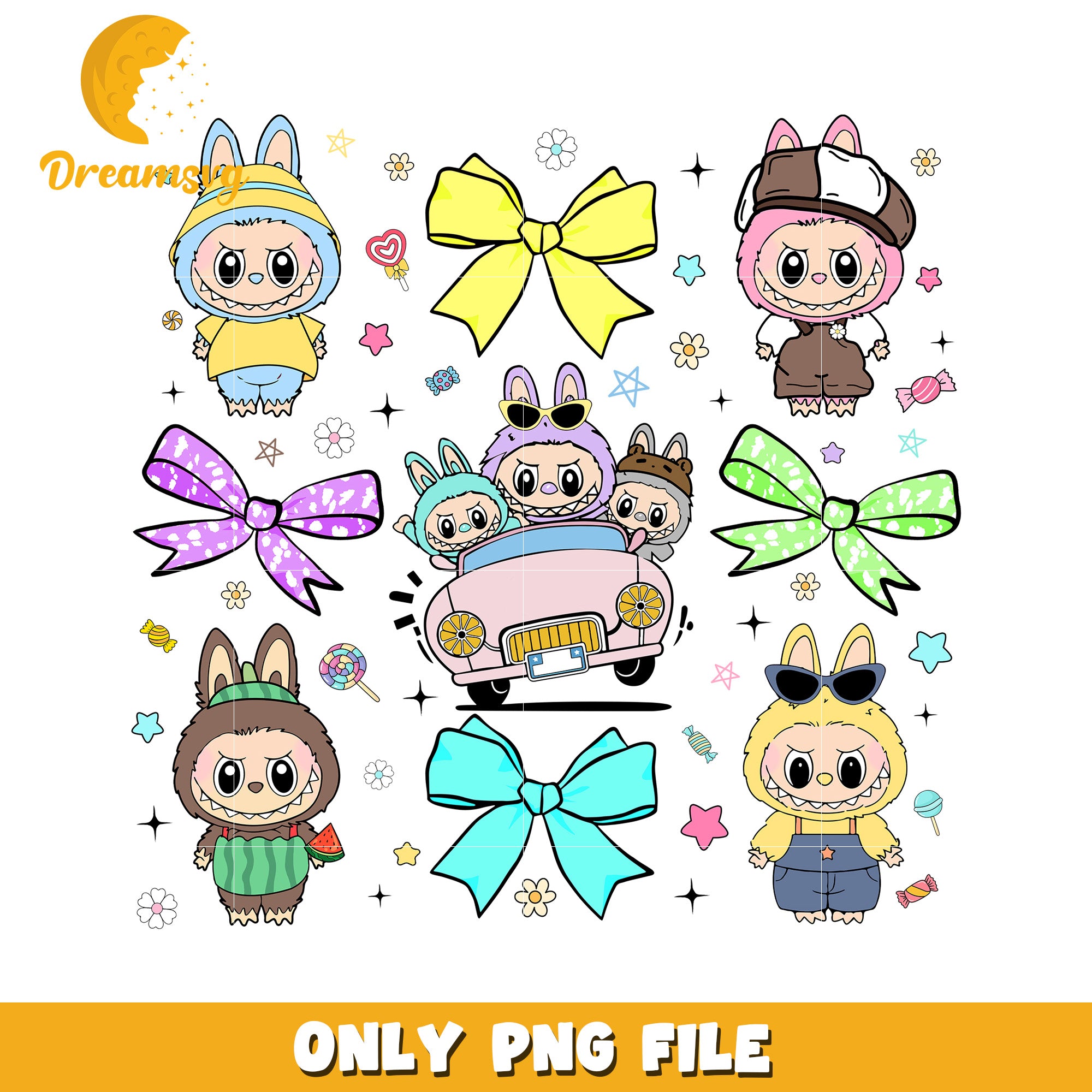 Labubu bowtie characters png, all popmart characters​ png, labubu art​ png