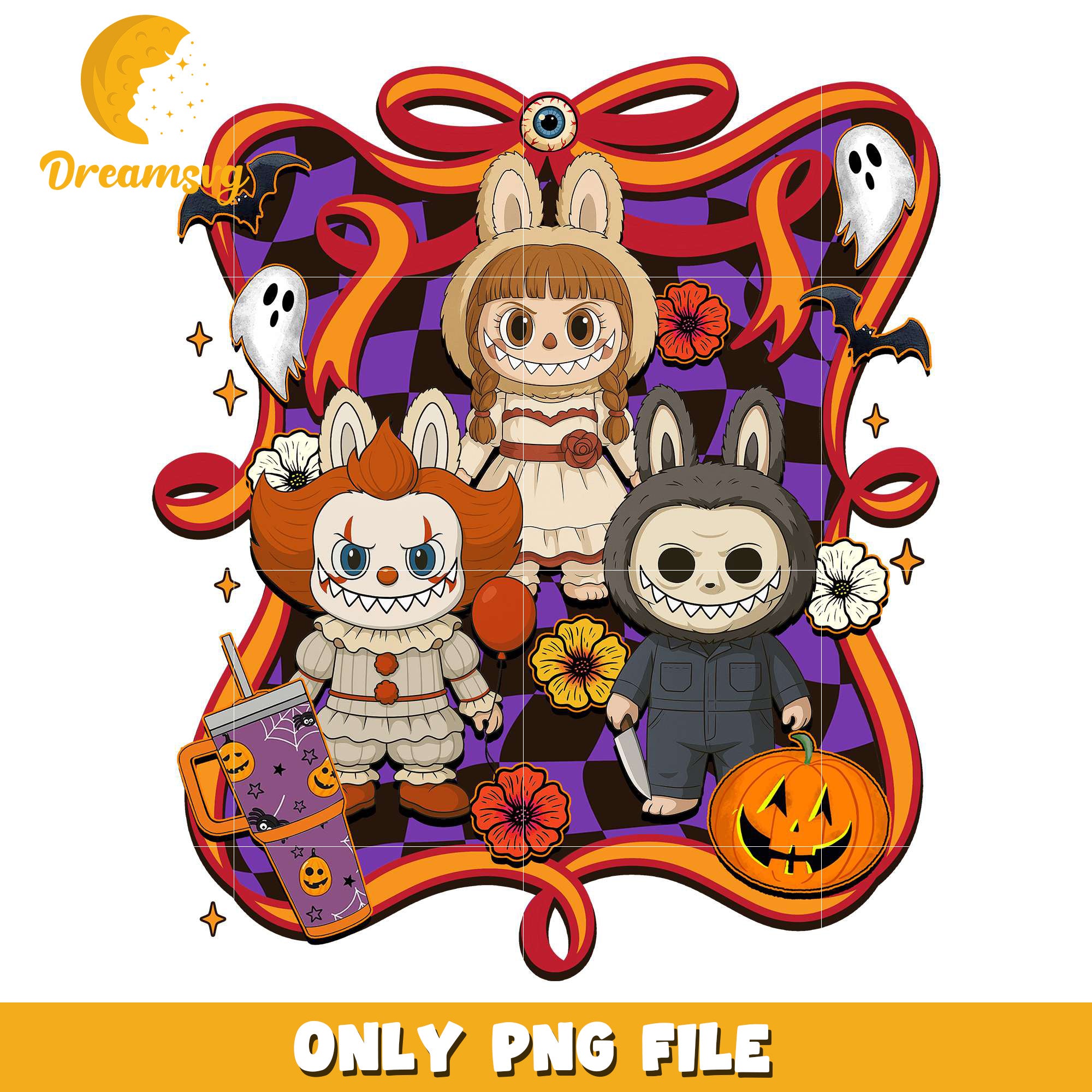 Labubu clowns and doll png, halloween costumes​ png, trick or treat png