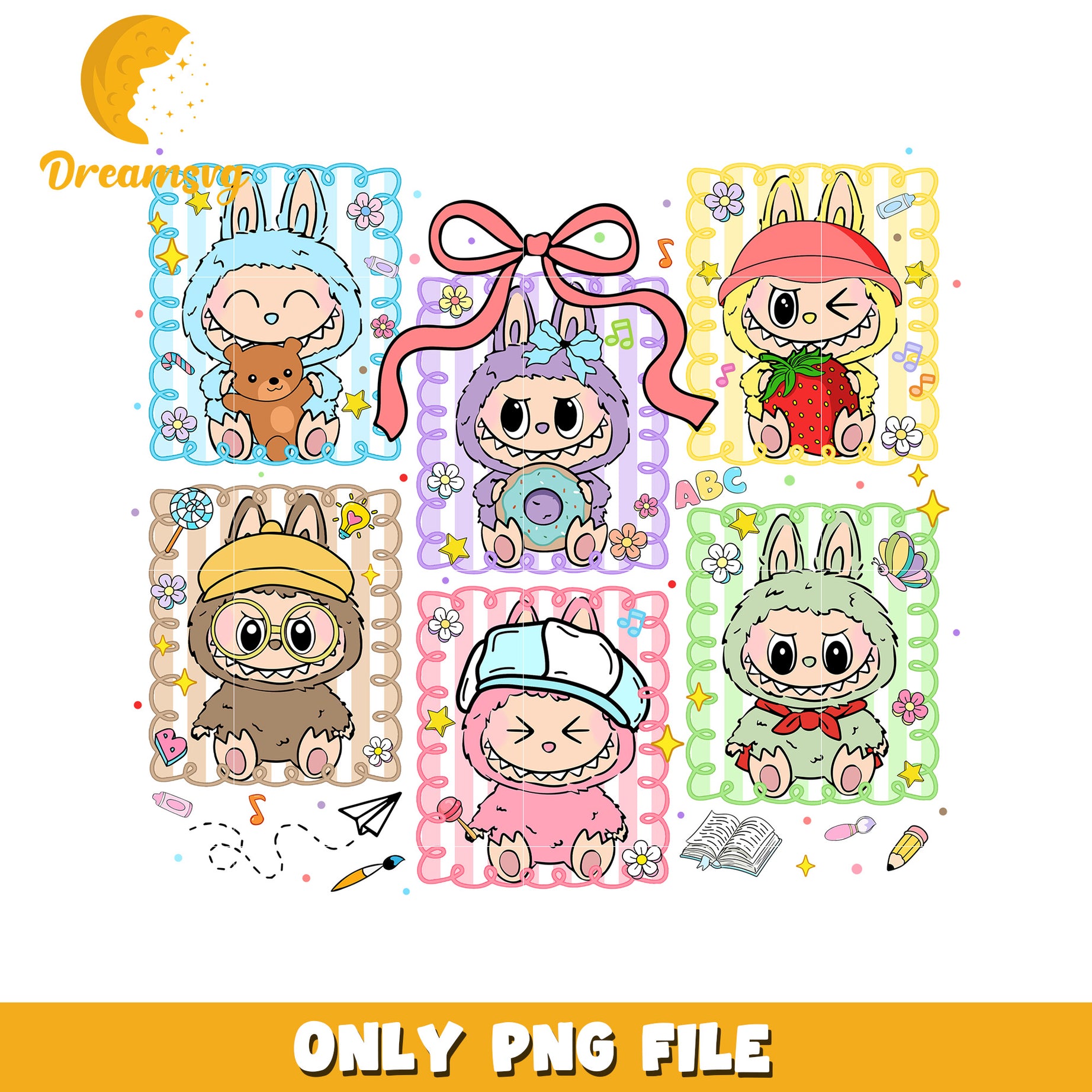 Labubu design with bow tie png, all popmart characters​ png, labubu art​ png