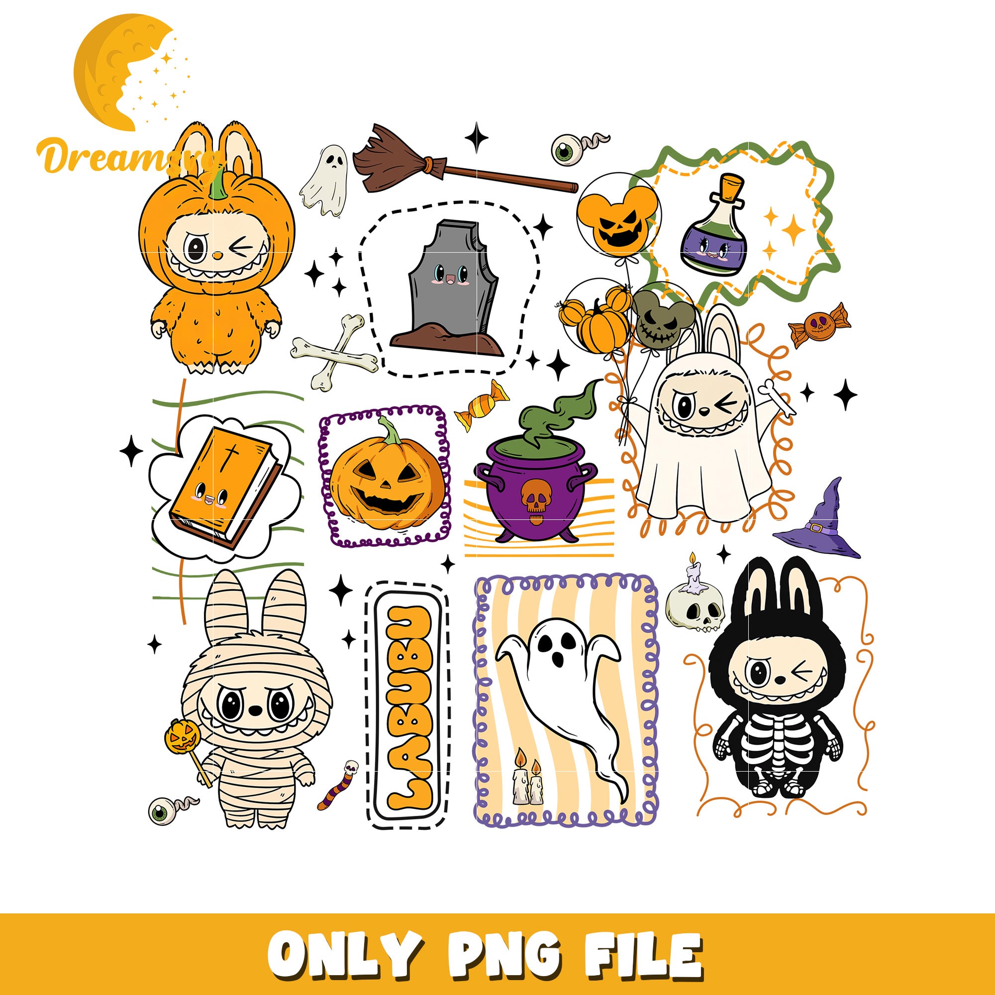 Labubu halloween design png, halloween cartoons png, spirit halloween png